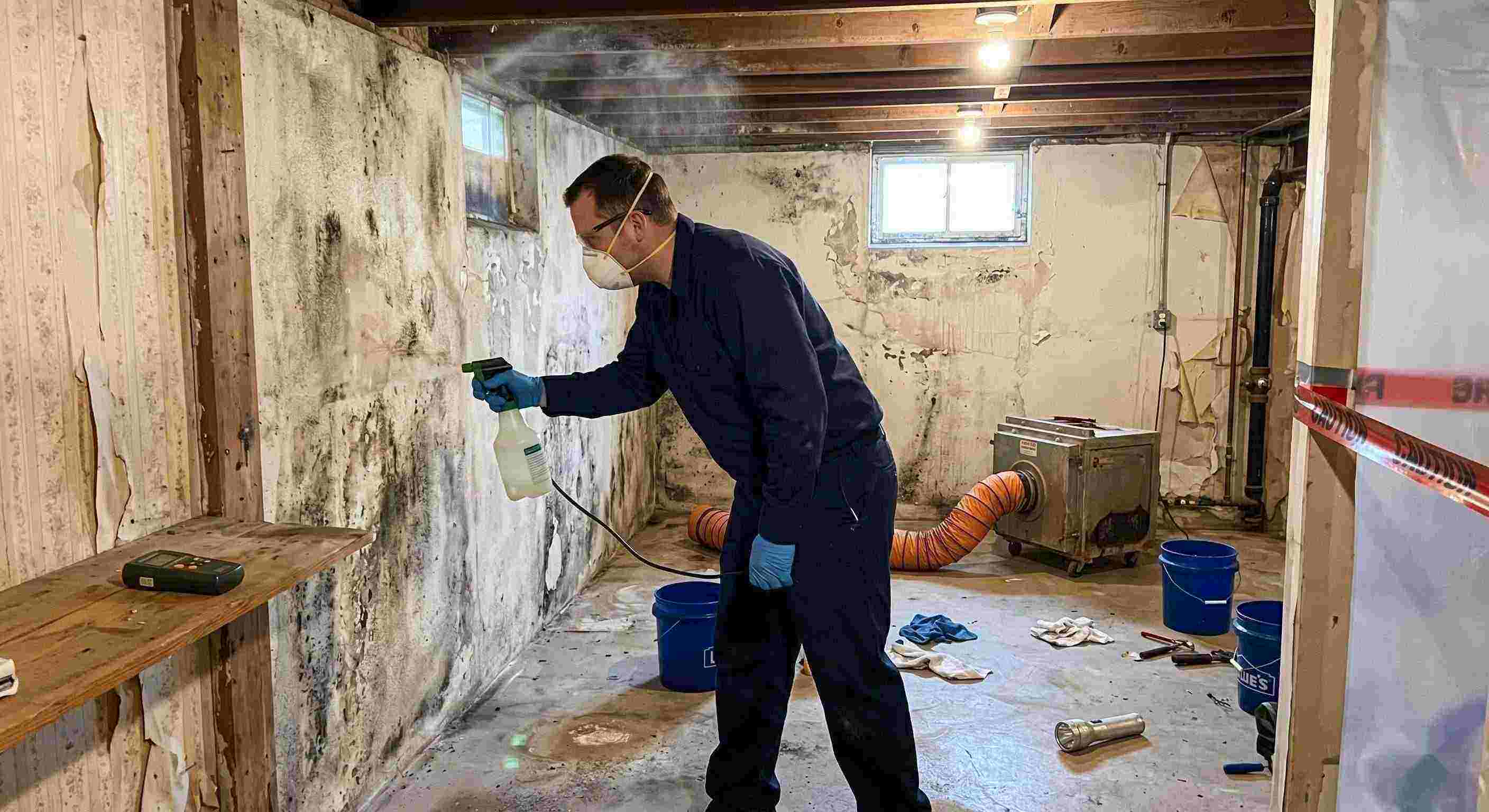 Professional technician performing antimicrobial mold treatment in a damp basement during mold remediation in a home in Salt Lake City.