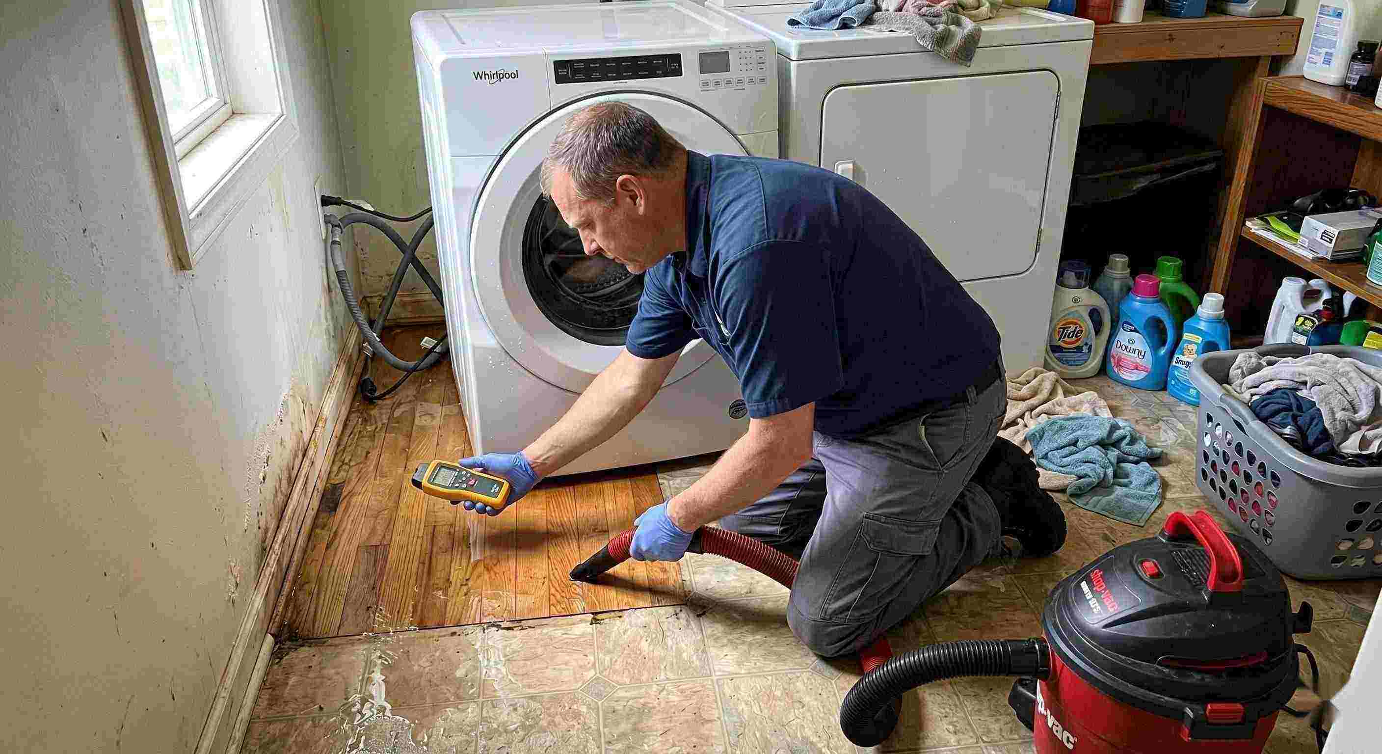 Appliance leak cleanup in a home laundry area with water pooling around the washing machine, showing technicians removing water and inspecting damp floors in Salt Lake City.