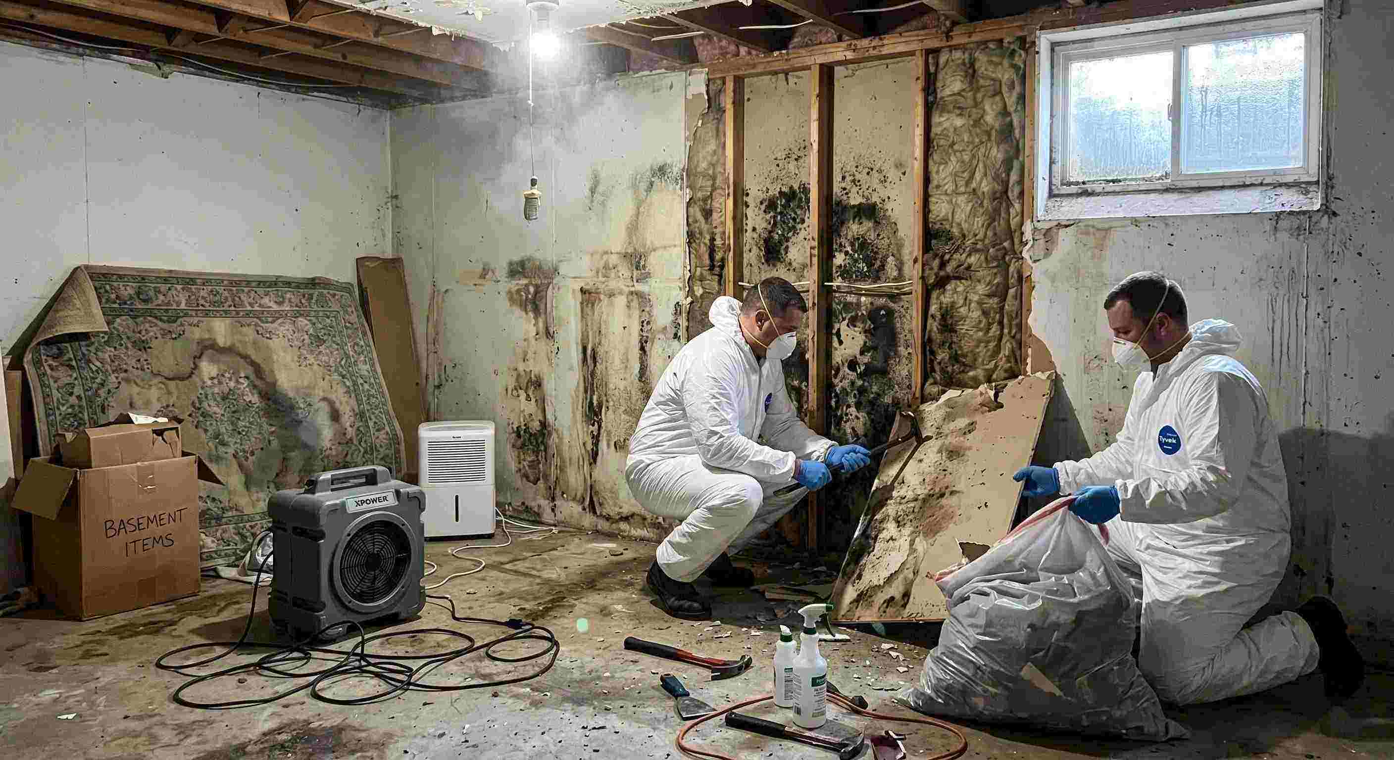 Realistic basement mold removal in a home in Salt Lake City, showing technicians safely removing black mold and using dehumidifiers and HEPA air scrubbers.