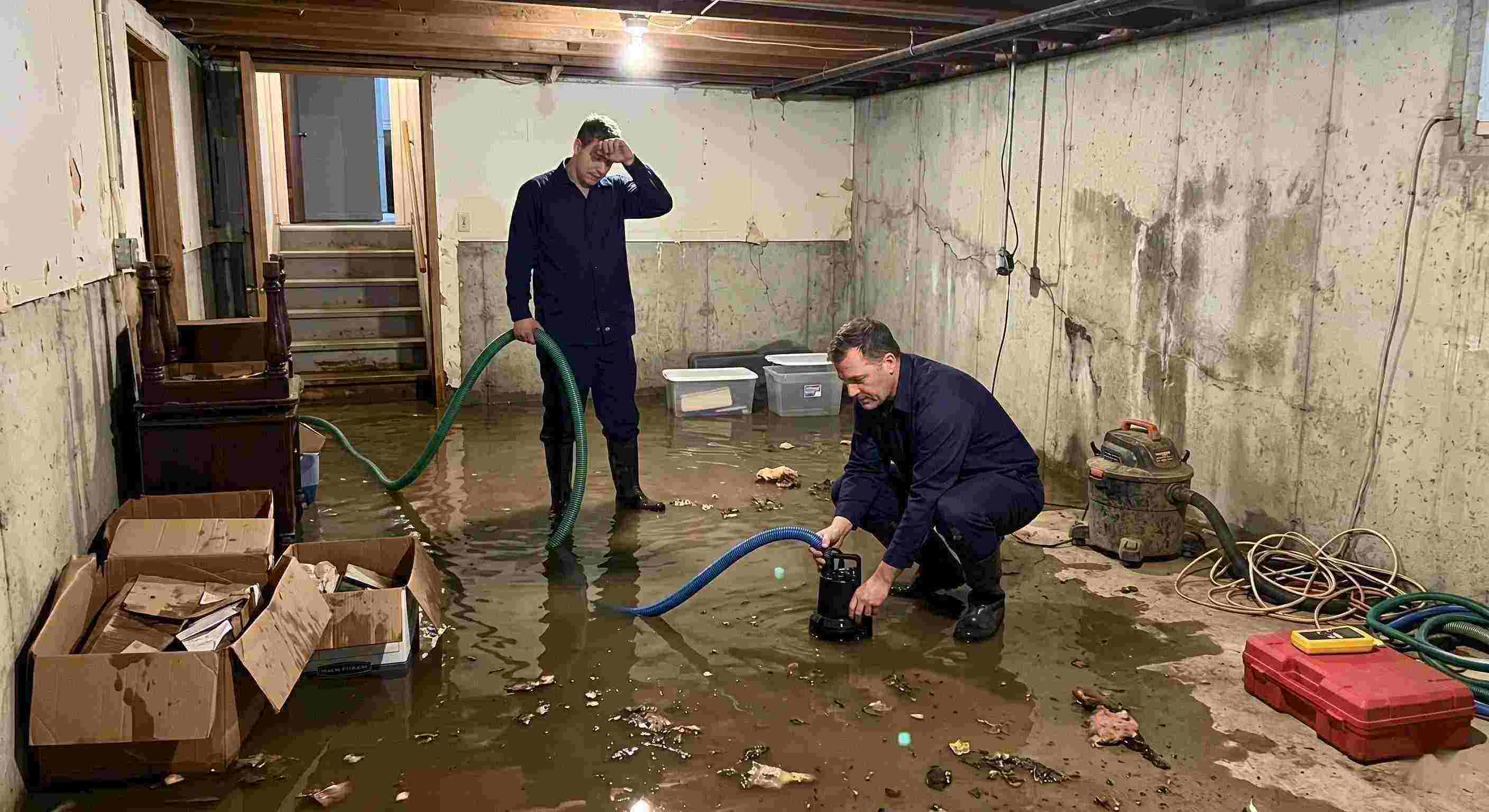 basement water removal service in Salt Lake City with technicians pumping out flooded basement