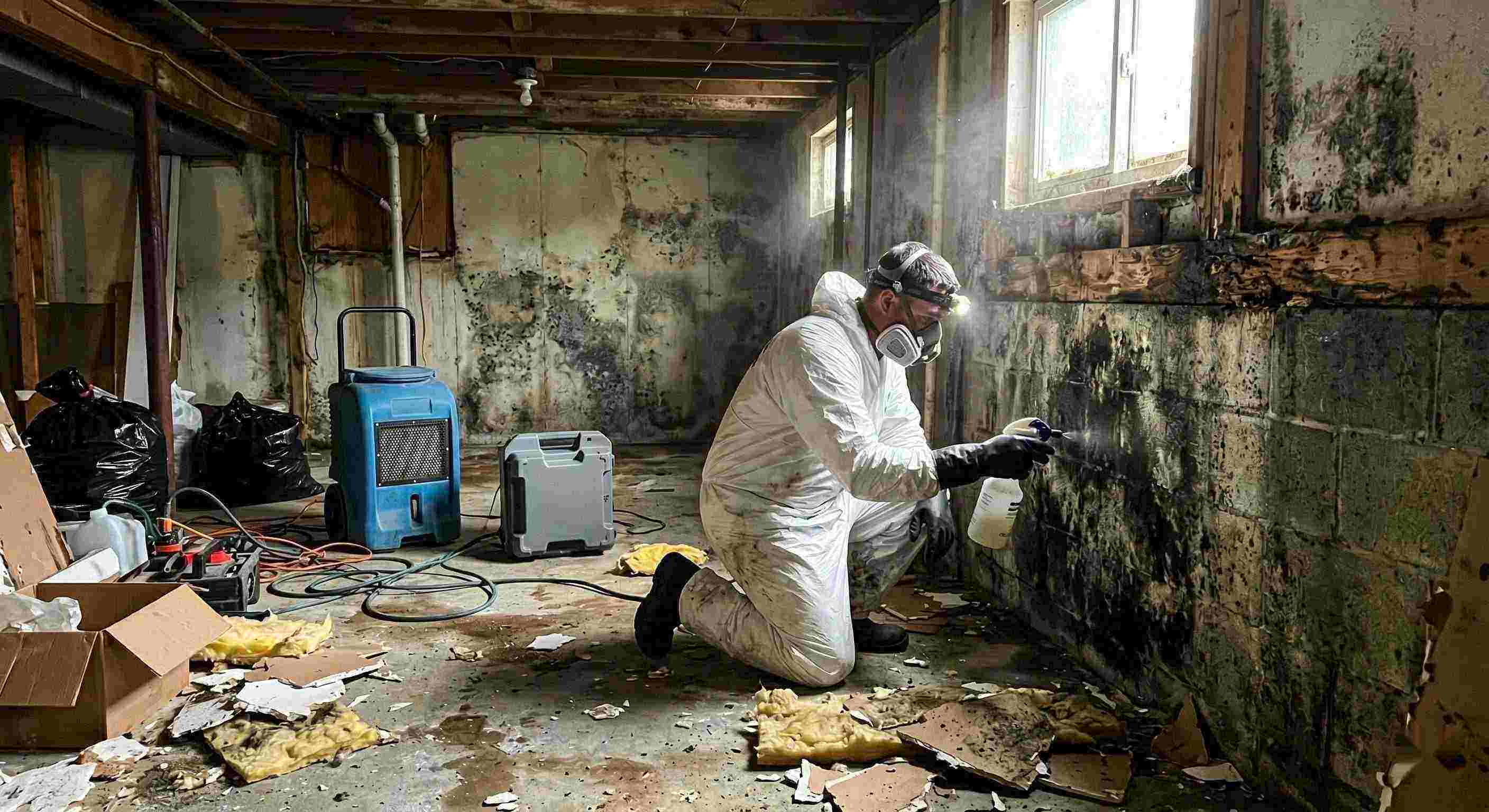 Technician performing black mold cleanup in a damp residential basement in Salt Lake City, showing removed drywall, mold patches, and remediation equipment.