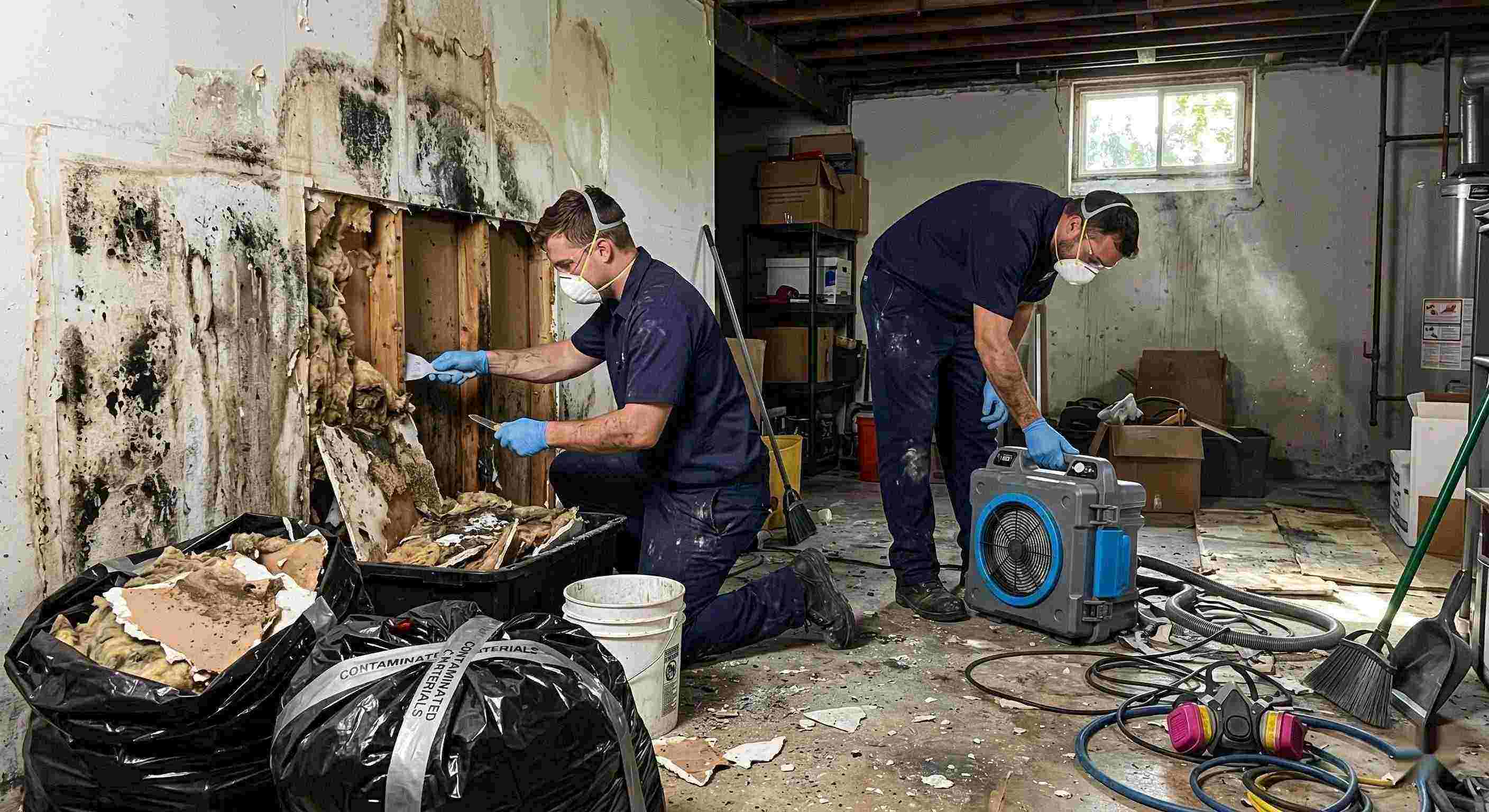 Technicians performing black mold cleanup in a damp residential basement in Salt Lake City, carefully removing contaminated drywall and insulation.