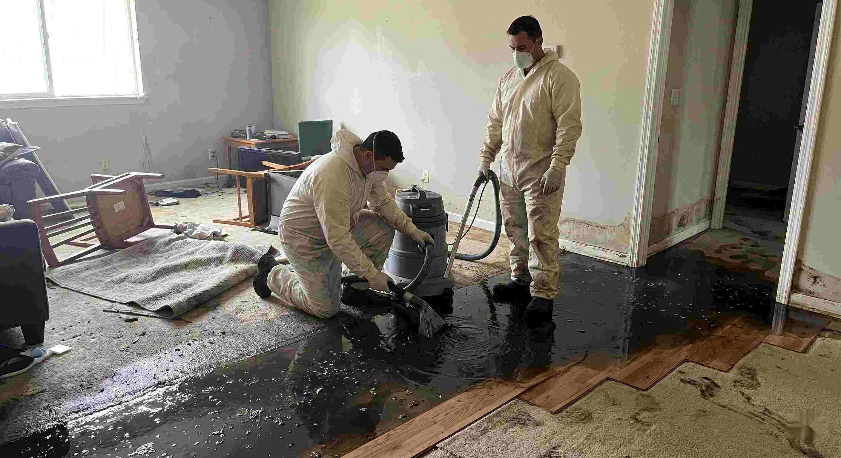 Black water removal service in Salt Lake City showing technicians extracting contaminated sewage water from flooded home interior