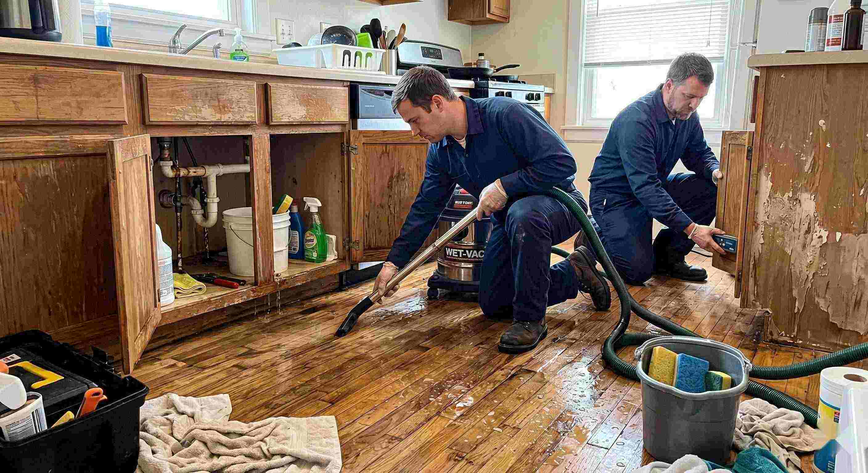 Realistic photo of technicians performing burst pipe water damage cleanup in a home in Salt Lake City, removing standing water and inspecting wet floors and walls.