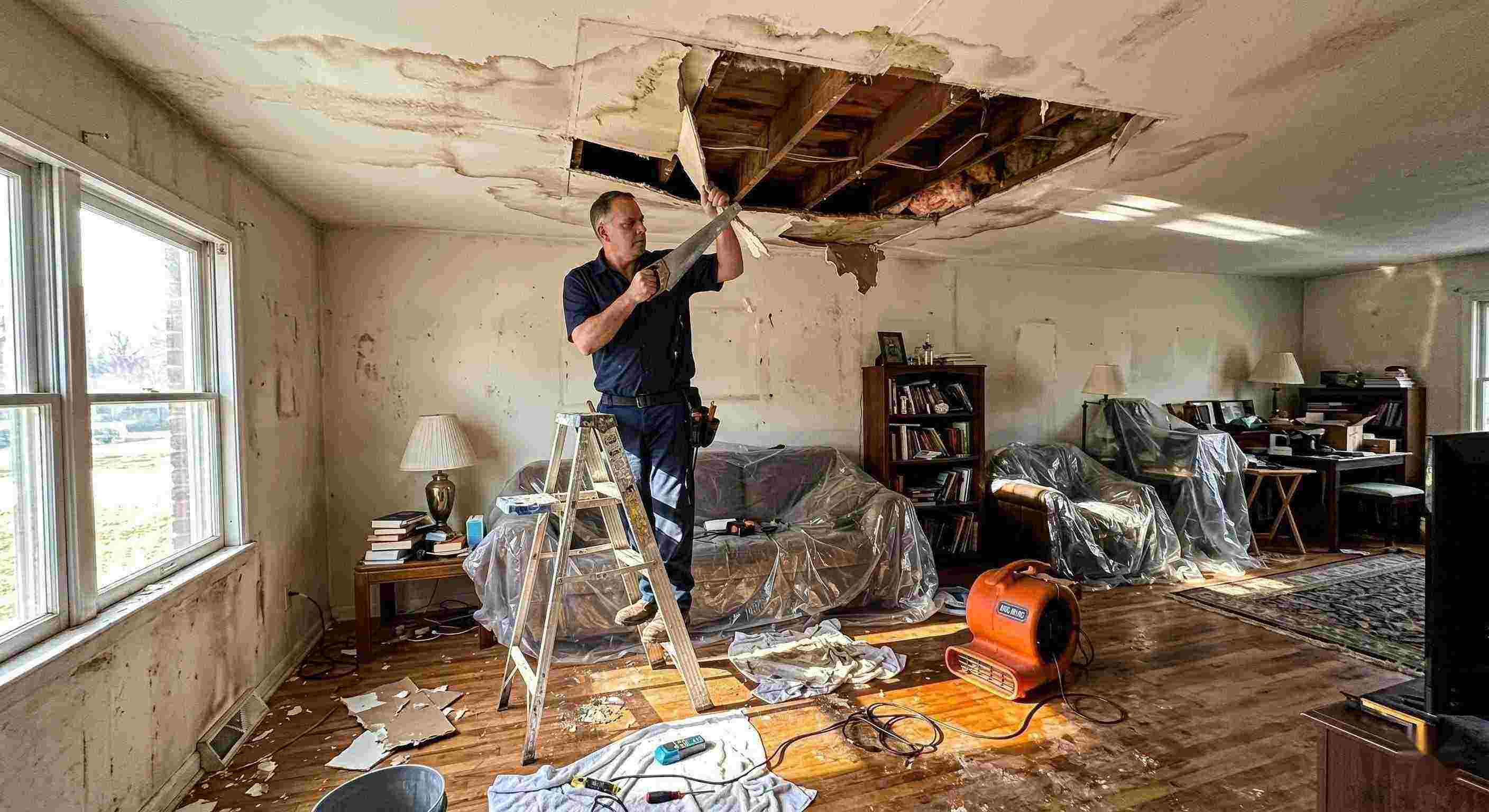 Realistic indoor scene of technicians performing ceiling leak repair in a home in Salt Lake City, showing water-damaged ceiling, tools, and drying equipment.
