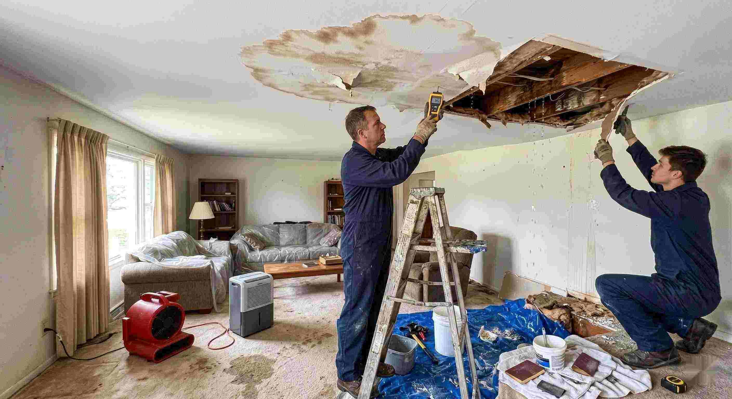 Realistic residential ceiling leak repair scene with technicians using moisture meters and air movers to fix water damage in a home in Salt Lake City.