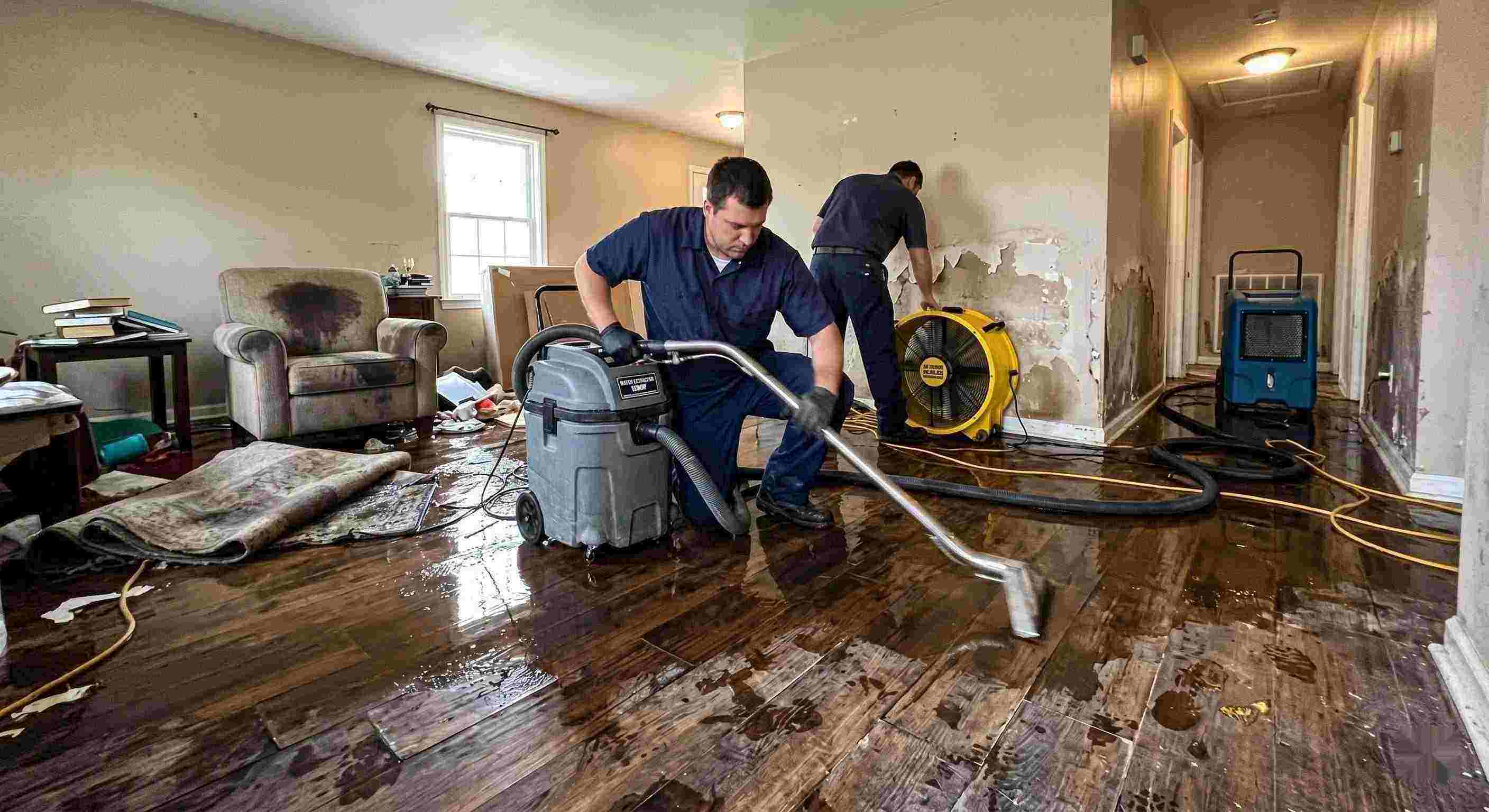 Fast emergency water damage restoration technicians removing water from flooded home in Layton