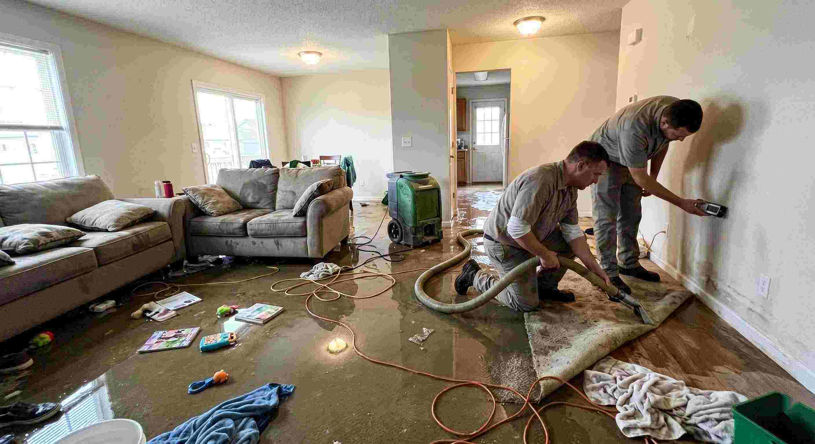 Emergency water removal technicians extracting water from flooded living room in Salt Lake City