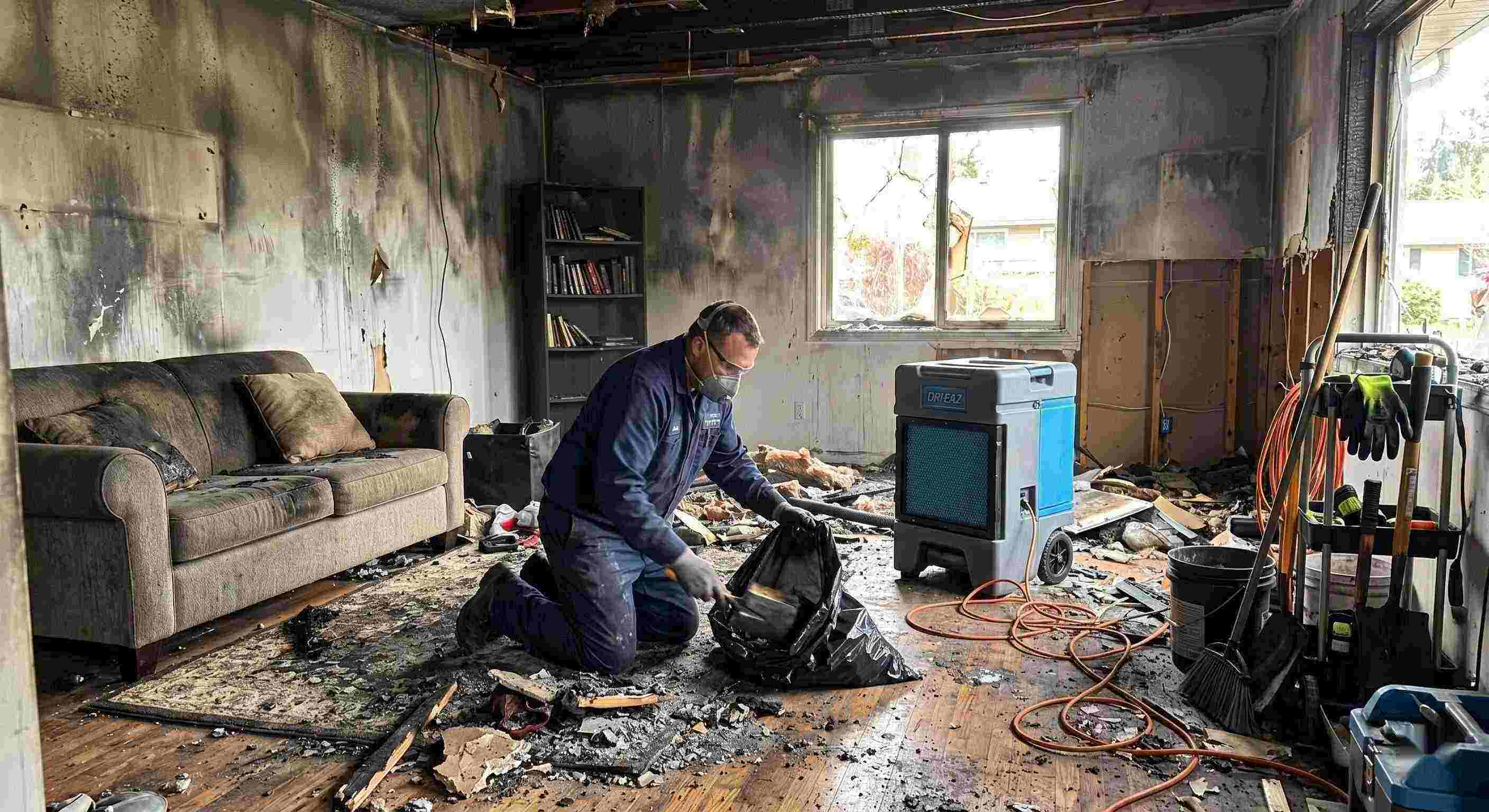 Fire damage cleanup scene with technician removing debris from a home affected by fire in Salt Lake City
