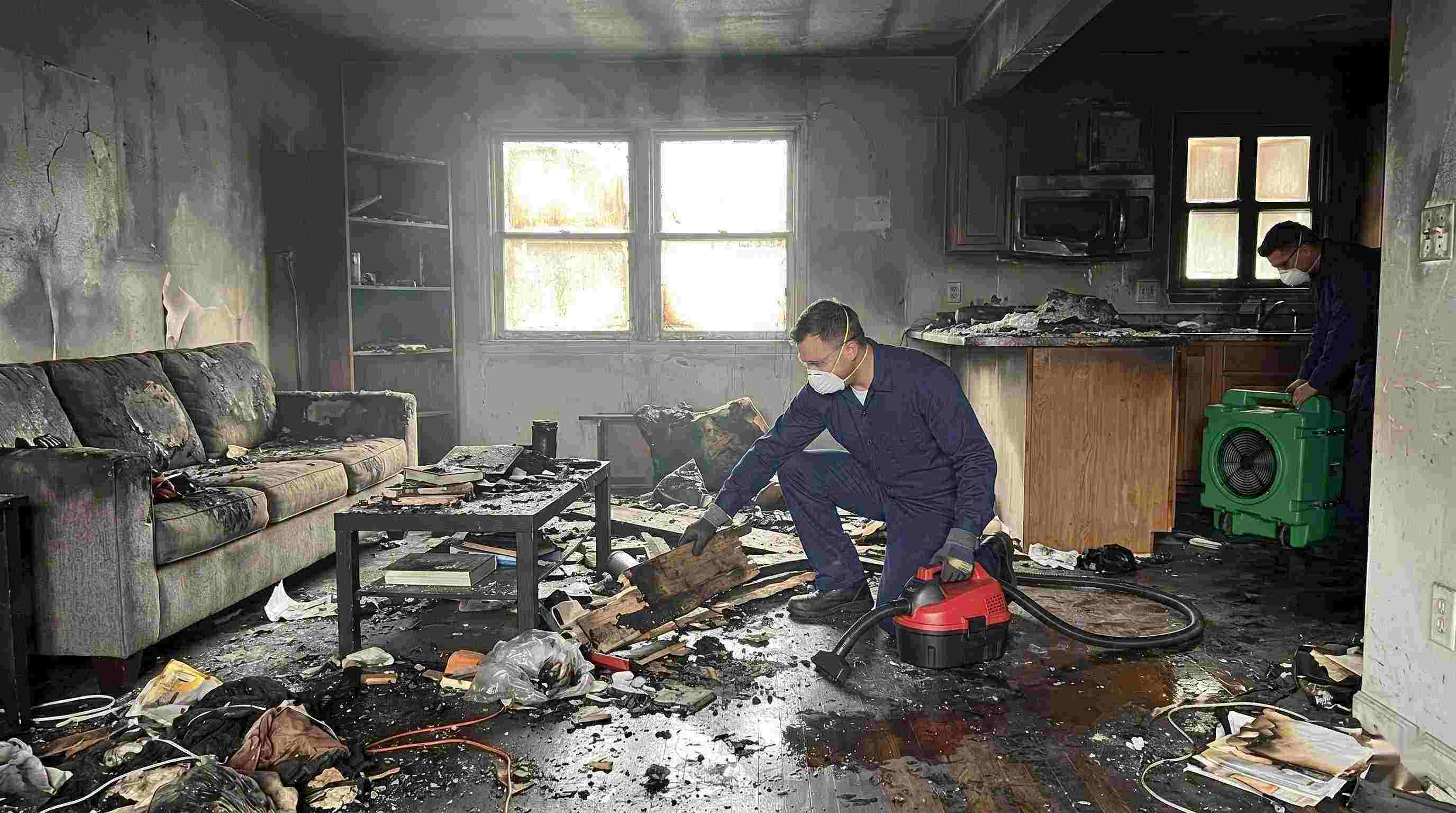 Realistic image showing extensive fire damage in a home with soot, debris, and smoke residue, captured during fire damage restoration in Salt Lake City.
