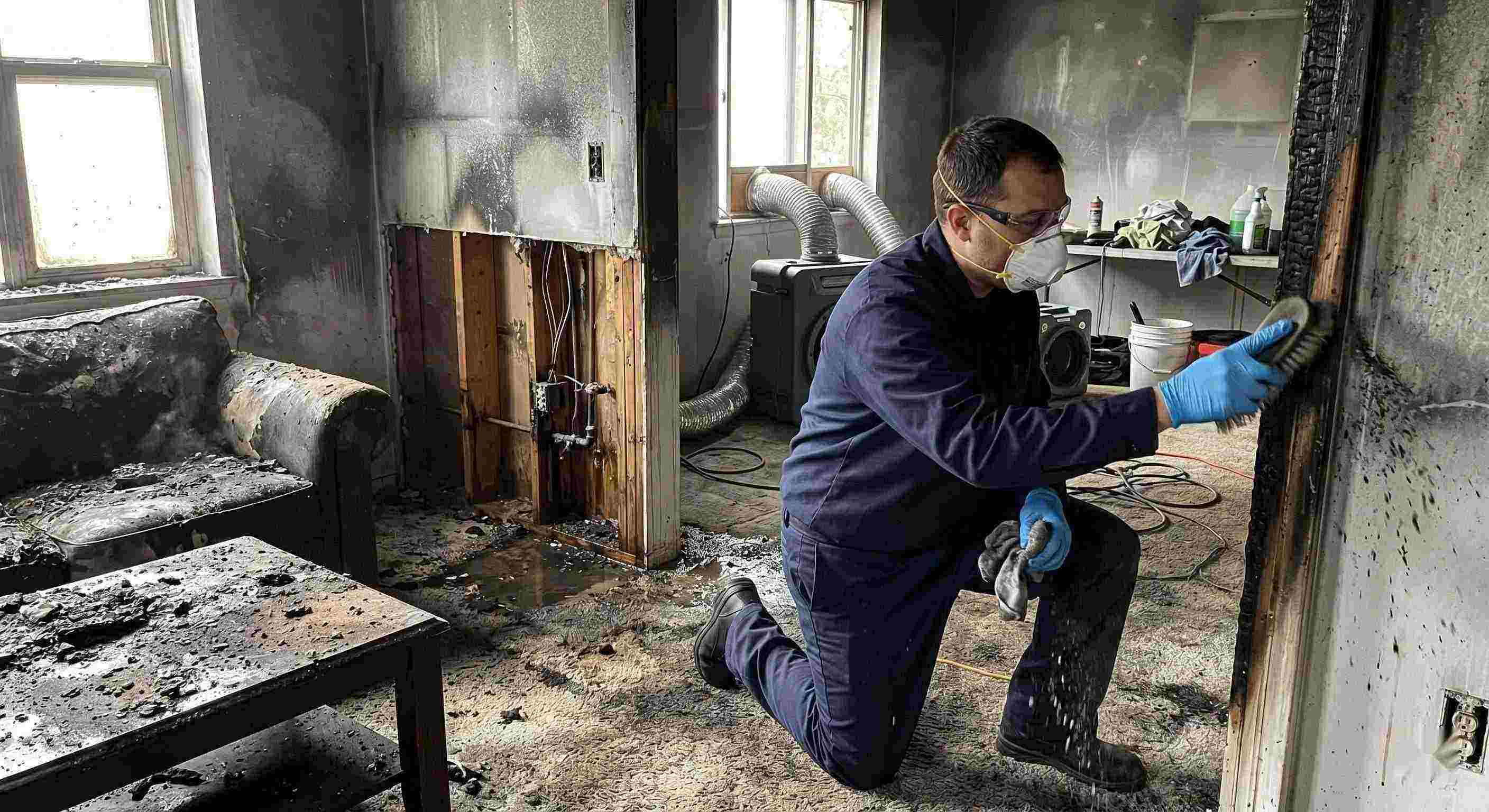 Action shot of a fire damage restoration technician cleaning soot and debris in a home damaged by fire in Salt Lake City
