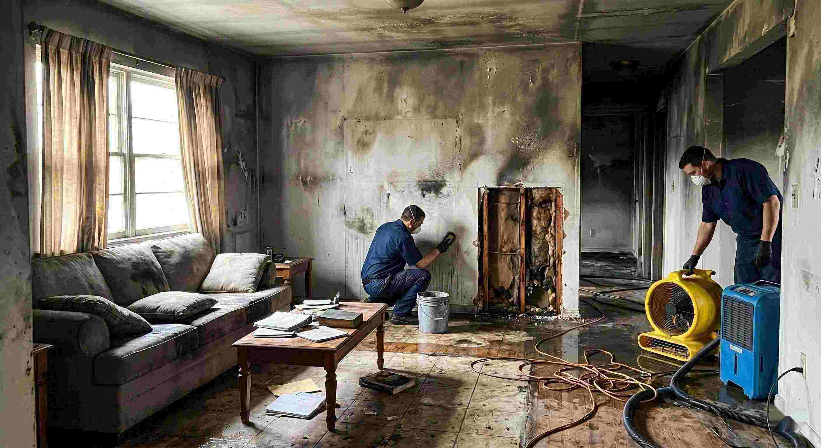 Reliable fire damage restoration cleanup with technicians removing soot and drying water damage in home Layton