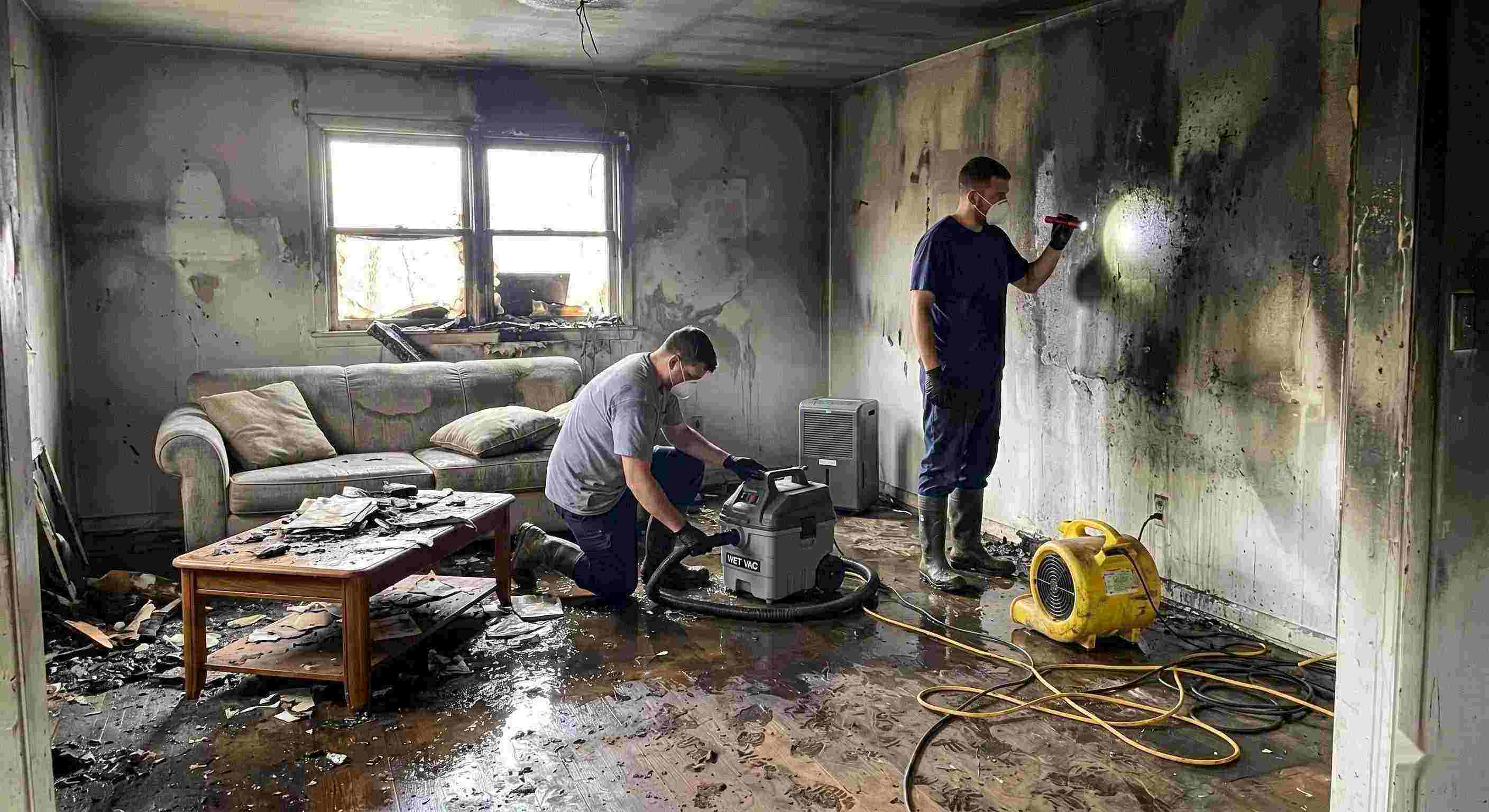 Trusted fire damage restoration cleanup with water removal and smoke damage repair in Layton home