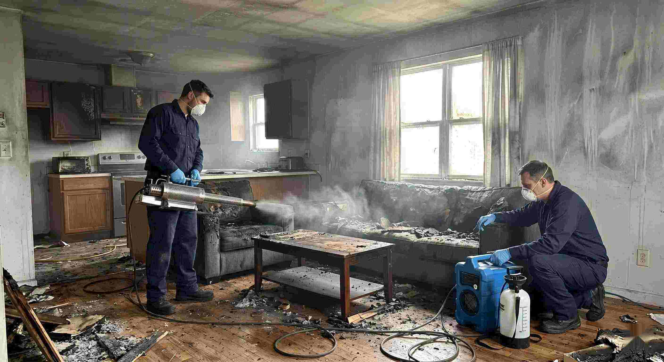 Fire odor removal service in a home showing technicians using thermal fogging equipment to eliminate smoke and soot odors in Salt Lake City.