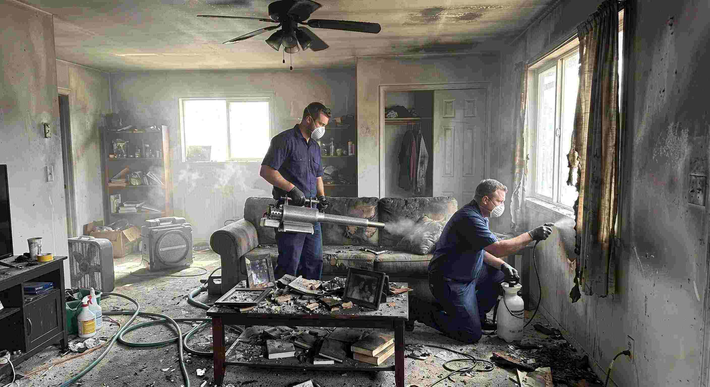 Fire damage restoration technicians removing smoke odors from a soot-stained home in Salt Lake City, using thermal fogging and odor neutralization.