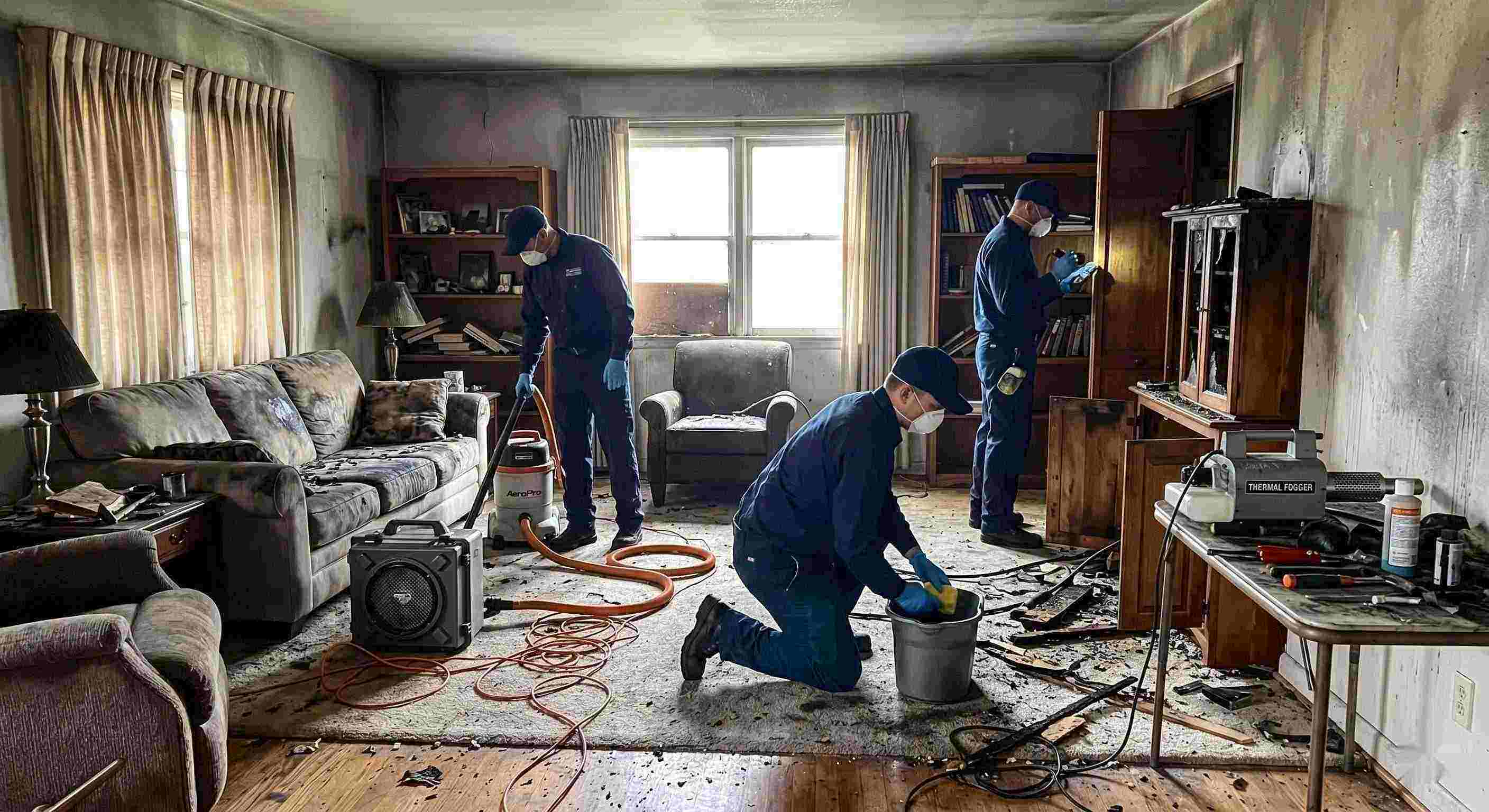 Photo of a fire restoration team using professional equipment to clean soot and smoke damage in a Salt Lake City home, emphasizing trust and hands-on expertise.