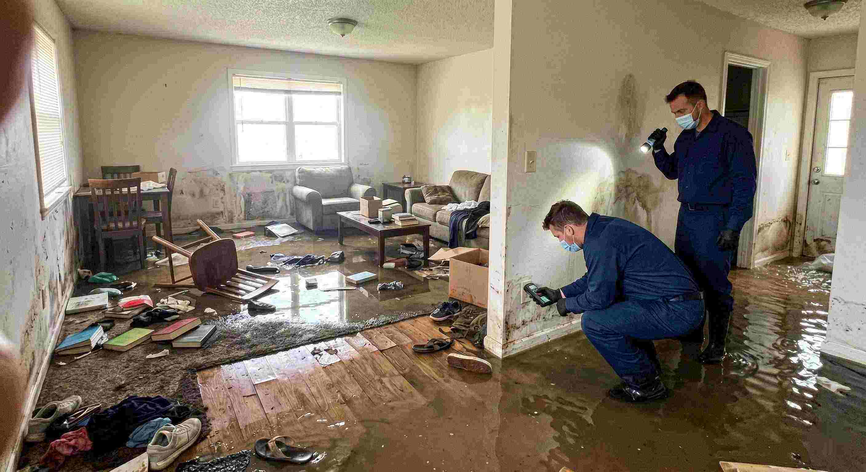 Severe home flooding with waterlogged floors, damaged furniture, and generic technician assessing the damage in Salt Lake City