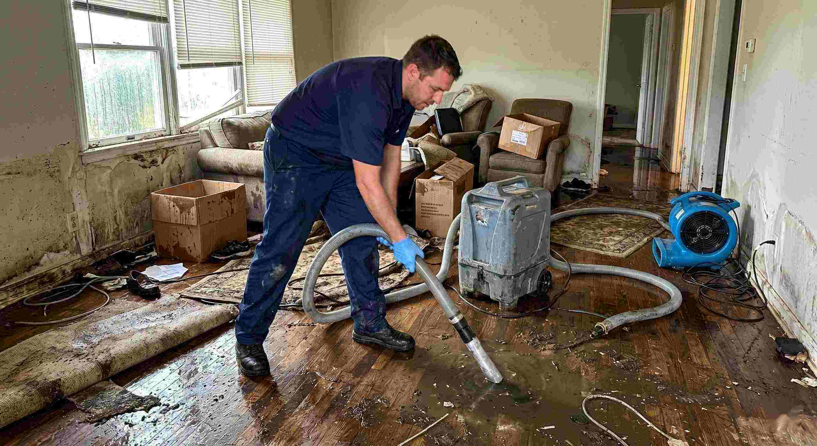 Action shot of a flood damage restoration technician removing standing water in a flooded home during the restoration process in Salt Lake City.