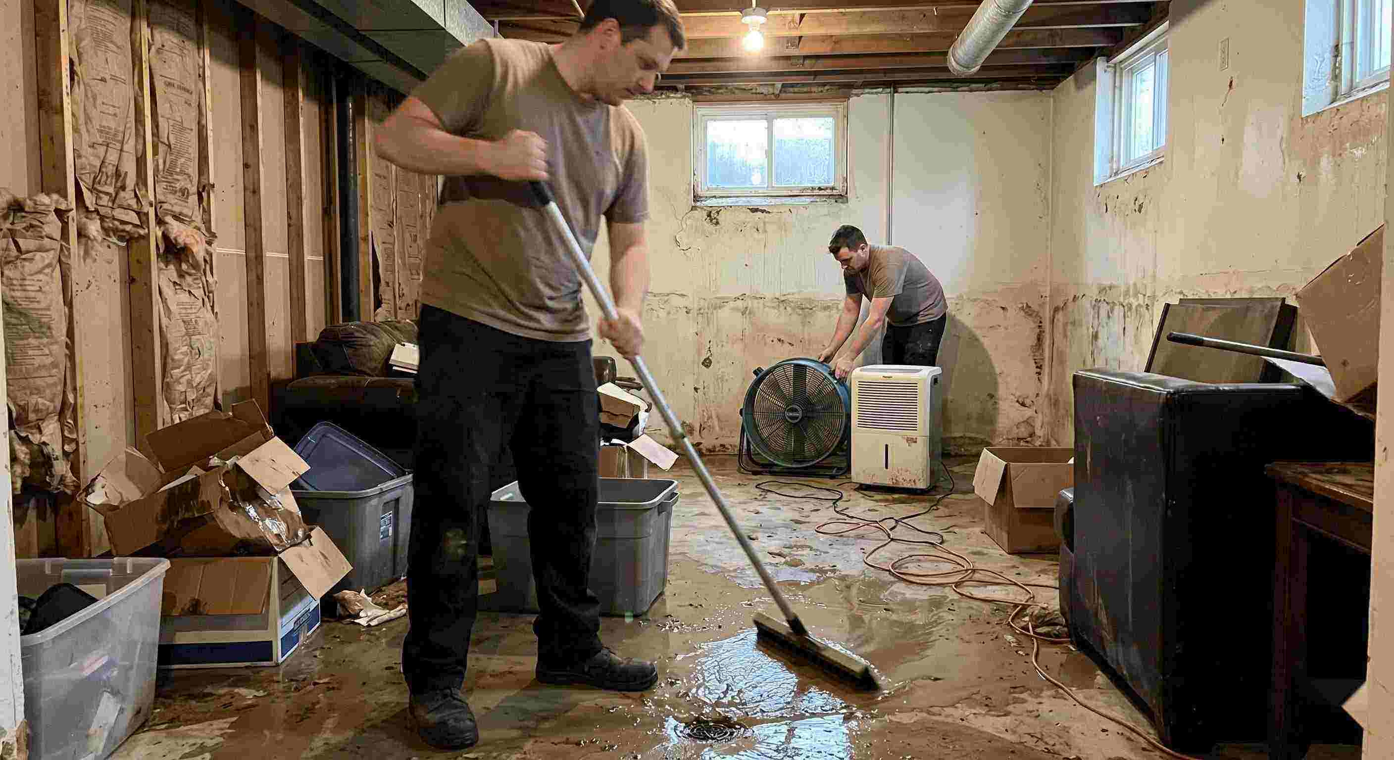 Expert flood and storm damage cleanup in a residential basement with standing water removal and drying equipment in Layton