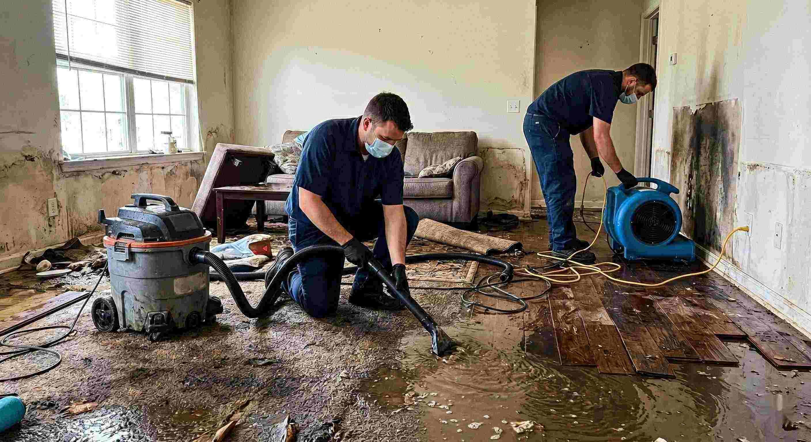 Flood water removal service in a residential home showing technicians extracting standing water and setting up drying equipment in Salt Lake City