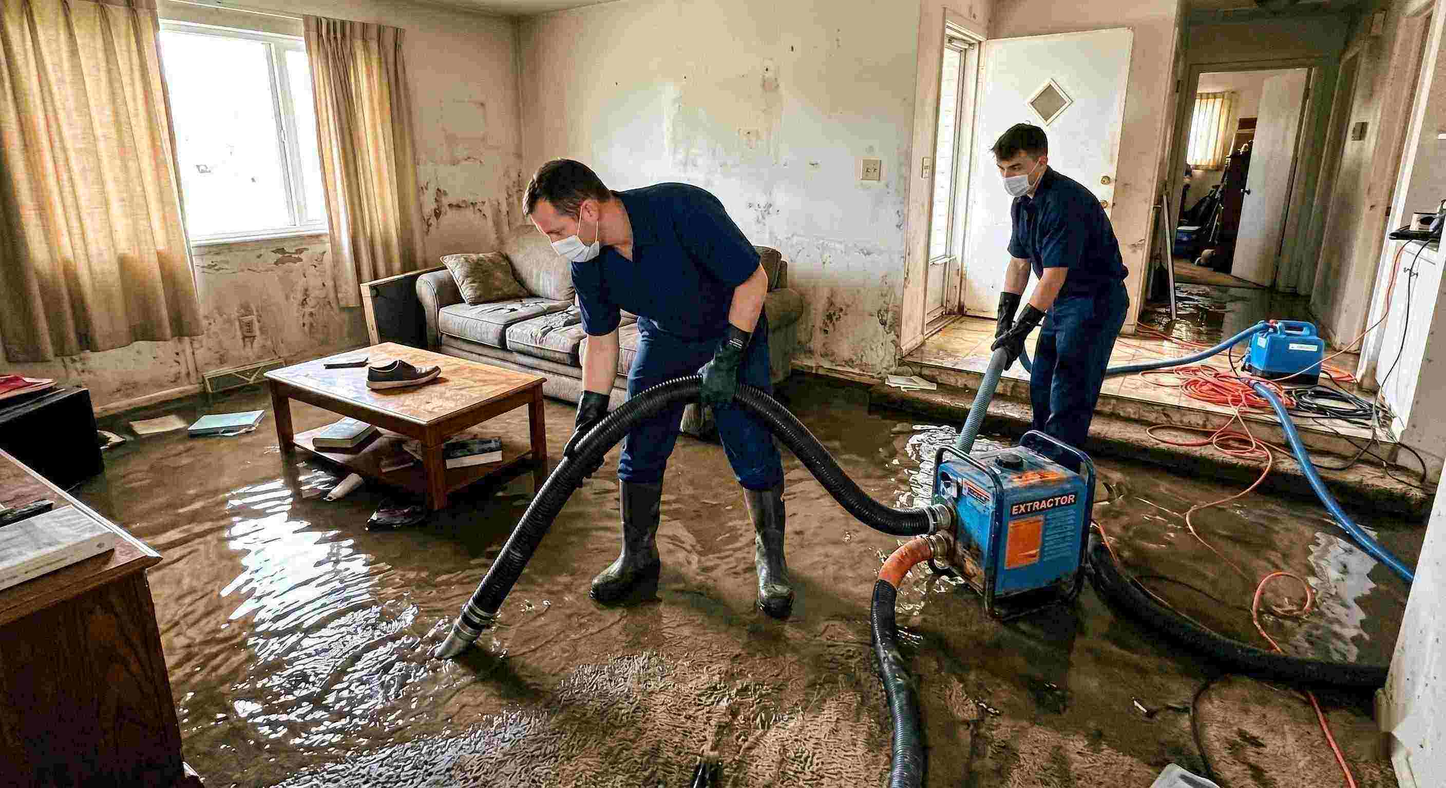Realistic flood water removal inside a home with technicians using pumps and hoses to extract standing water during flood damage restoration in Salt Lake City.