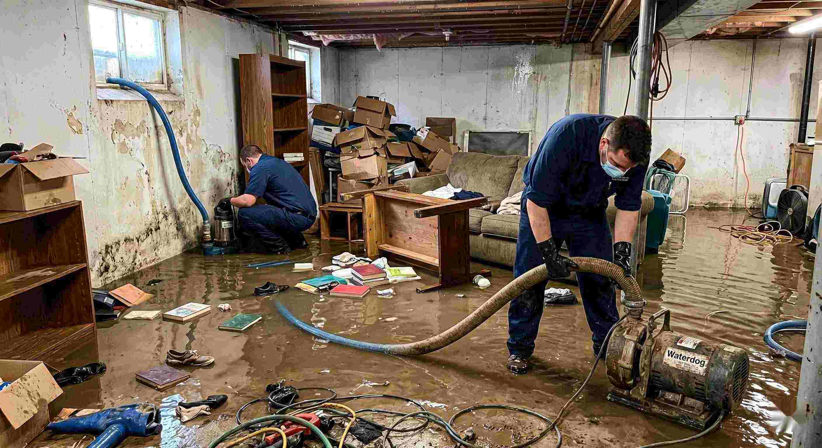 Realistic photo of a flooded basement cleanup with restoration technicians removing standing water in a home in Salt Lake City