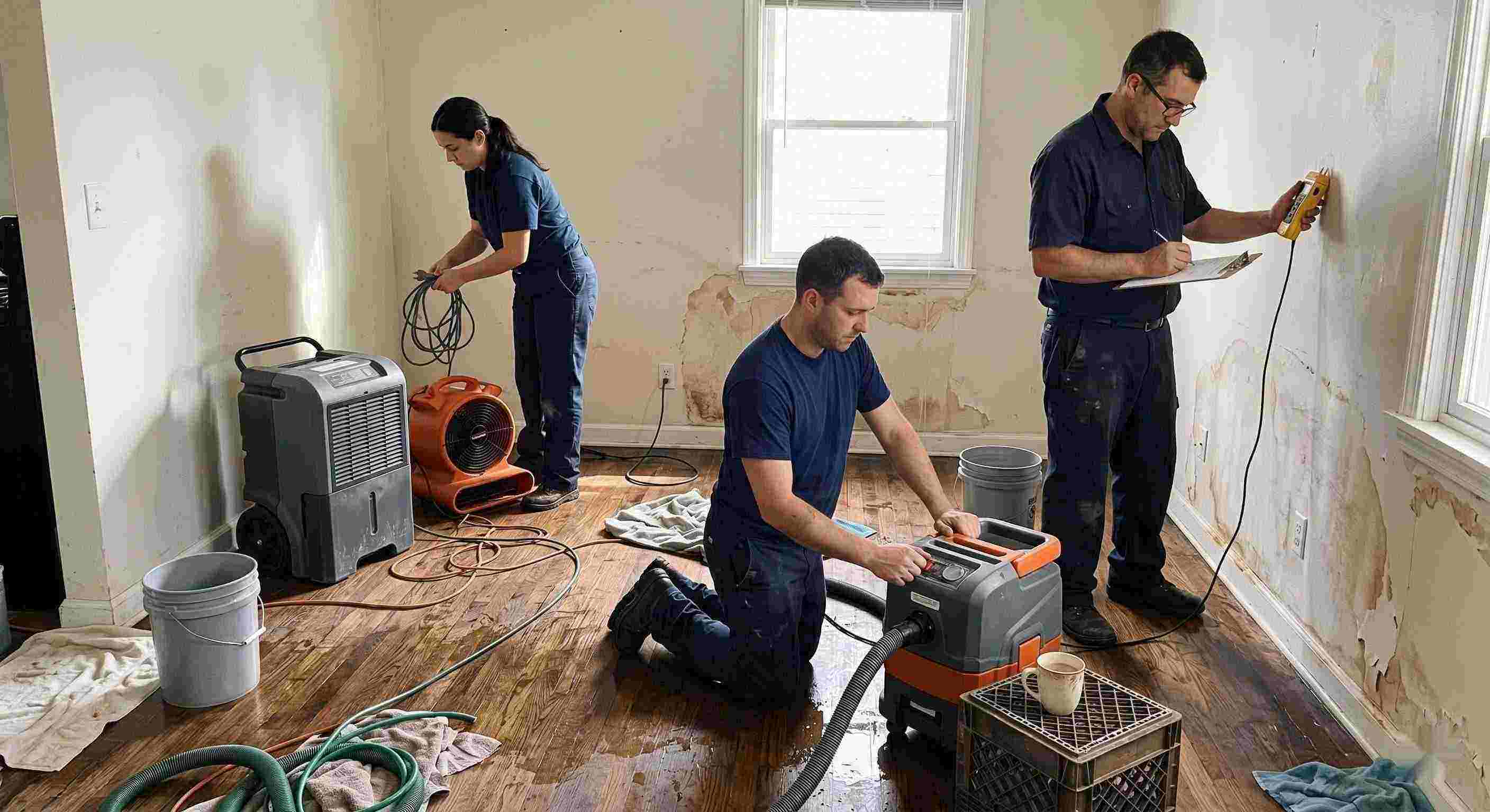 Local leak damage restoration team working with professional equipment to repair water-damaged home in Salt Lake City.