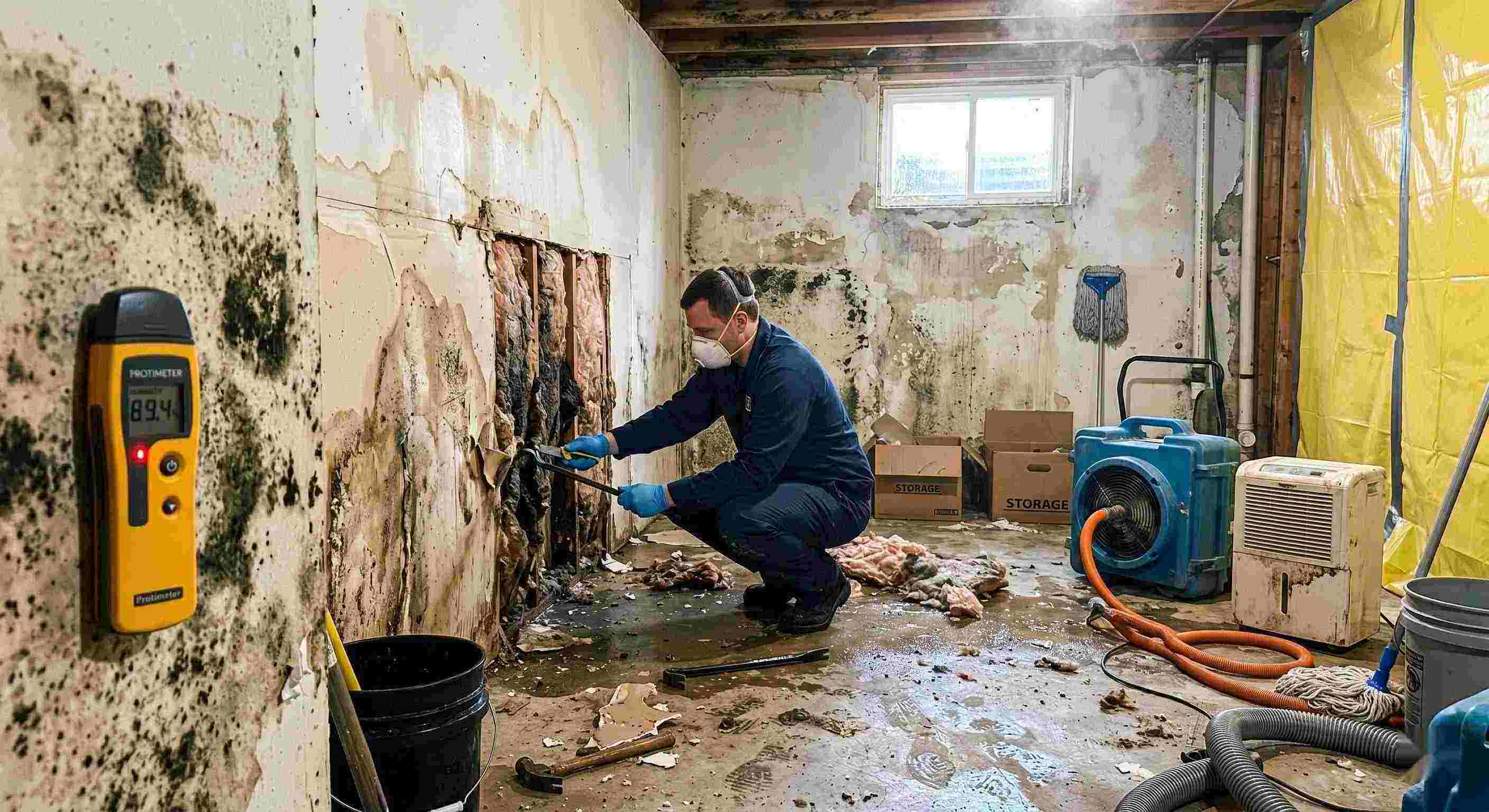 Professional mold after water damage cleanup in a residential home, showing a technician removing water-damaged drywall and treating mold in a damp basement in Salt Lake City.