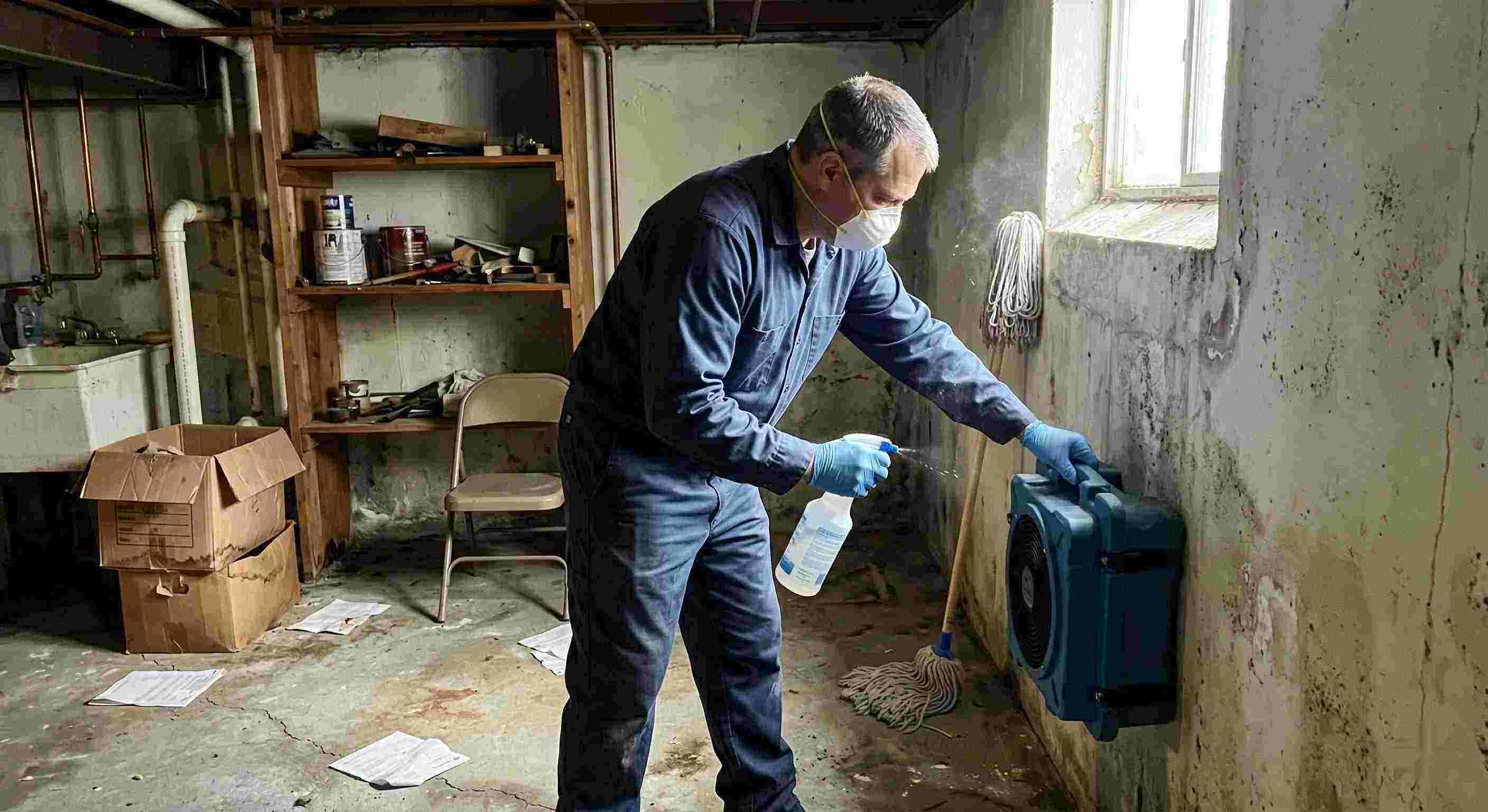 Technician performing mold odor removal in a basement, using HEPA air scrubber and antimicrobial spray, preventing mold growth in a Salt Lake City home.