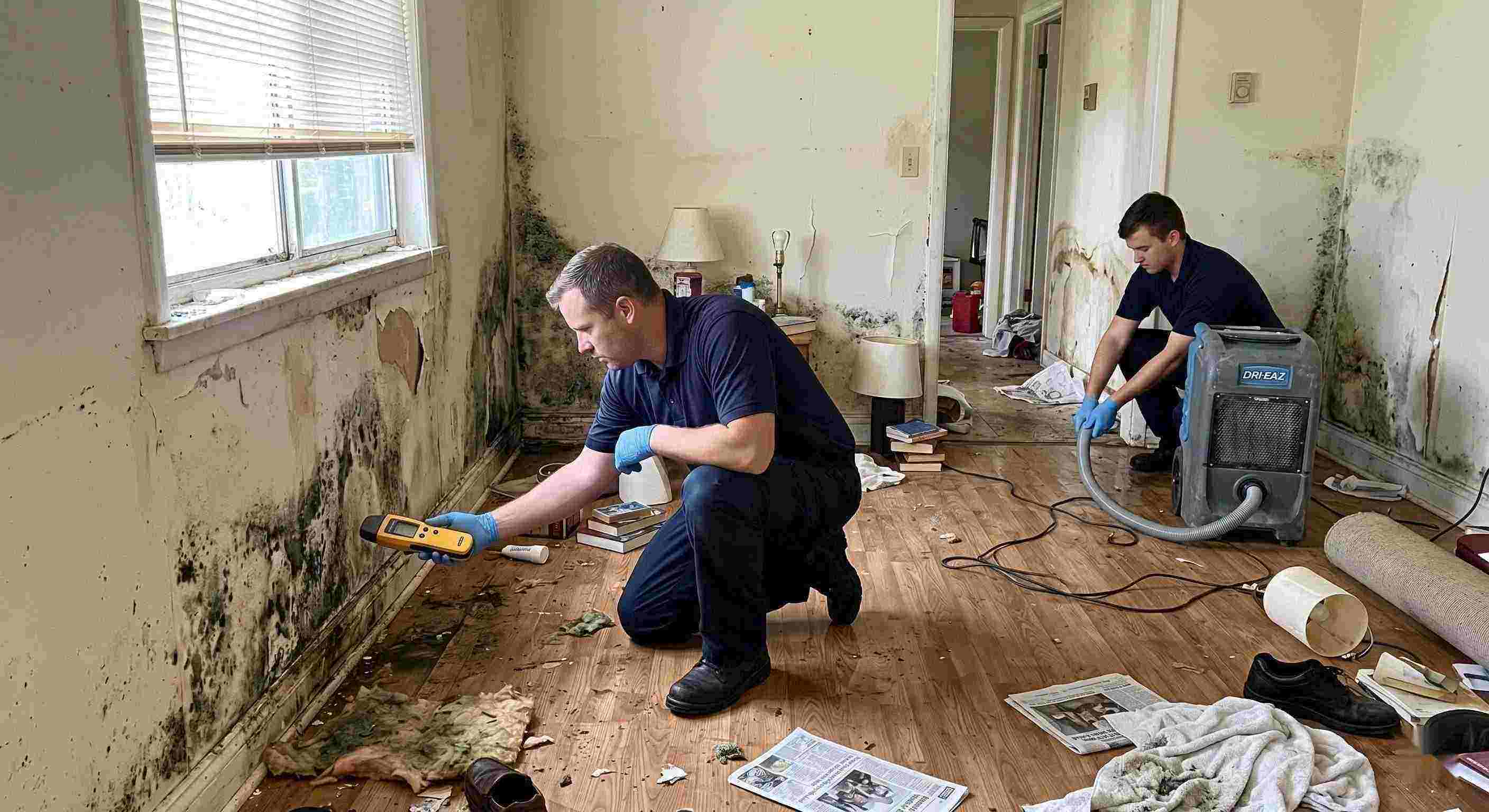 Realistic photo showing mold damage and water-affected walls in a home during mold remediation in Salt Lake City, with technicians inspecting and controlling moisture.