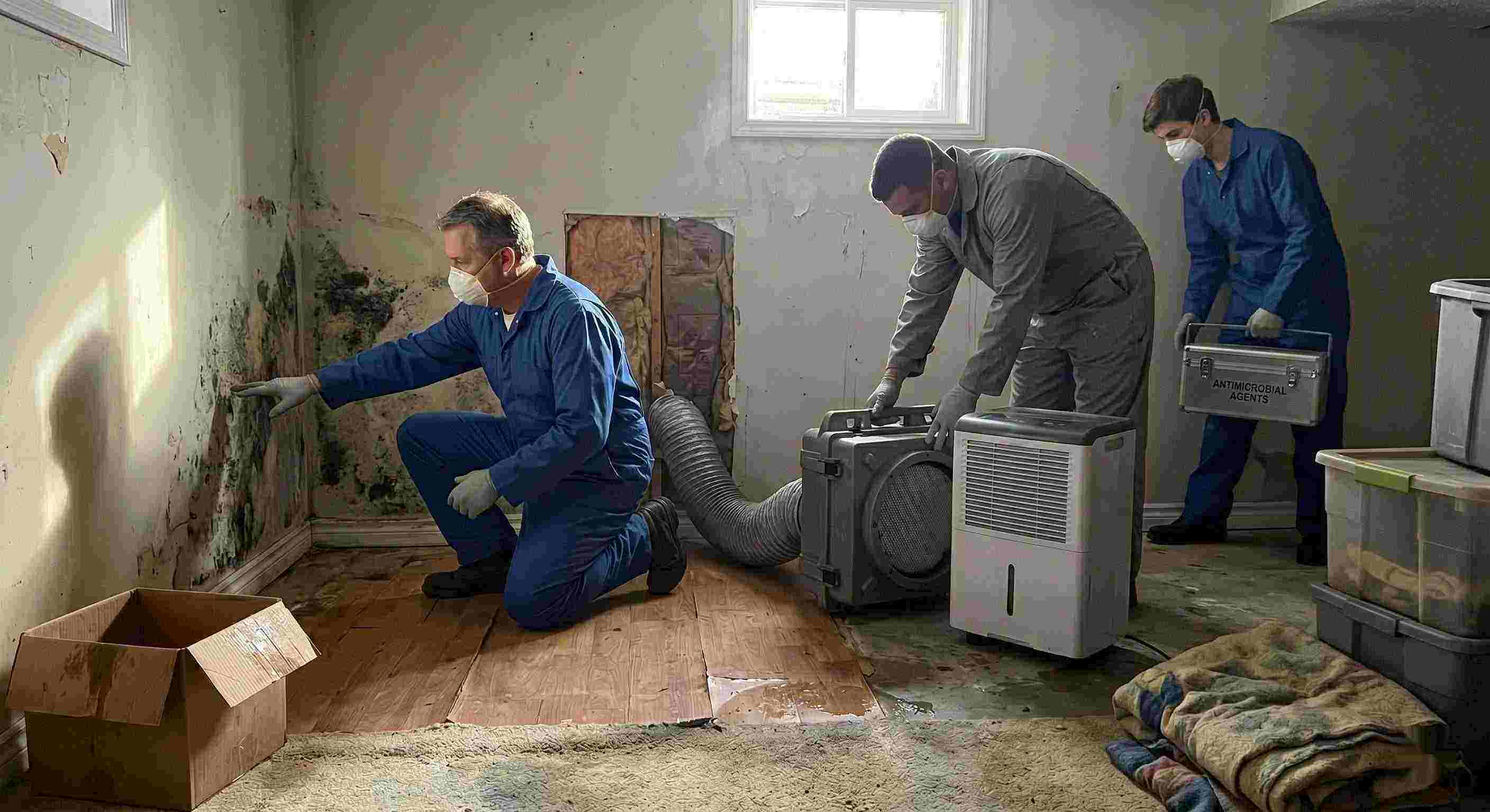 Residential mold remediation team performing inspection and cleanup with dehumidifiers and HEPA filters, showing professional team and equipment in a Salt Lake City home.