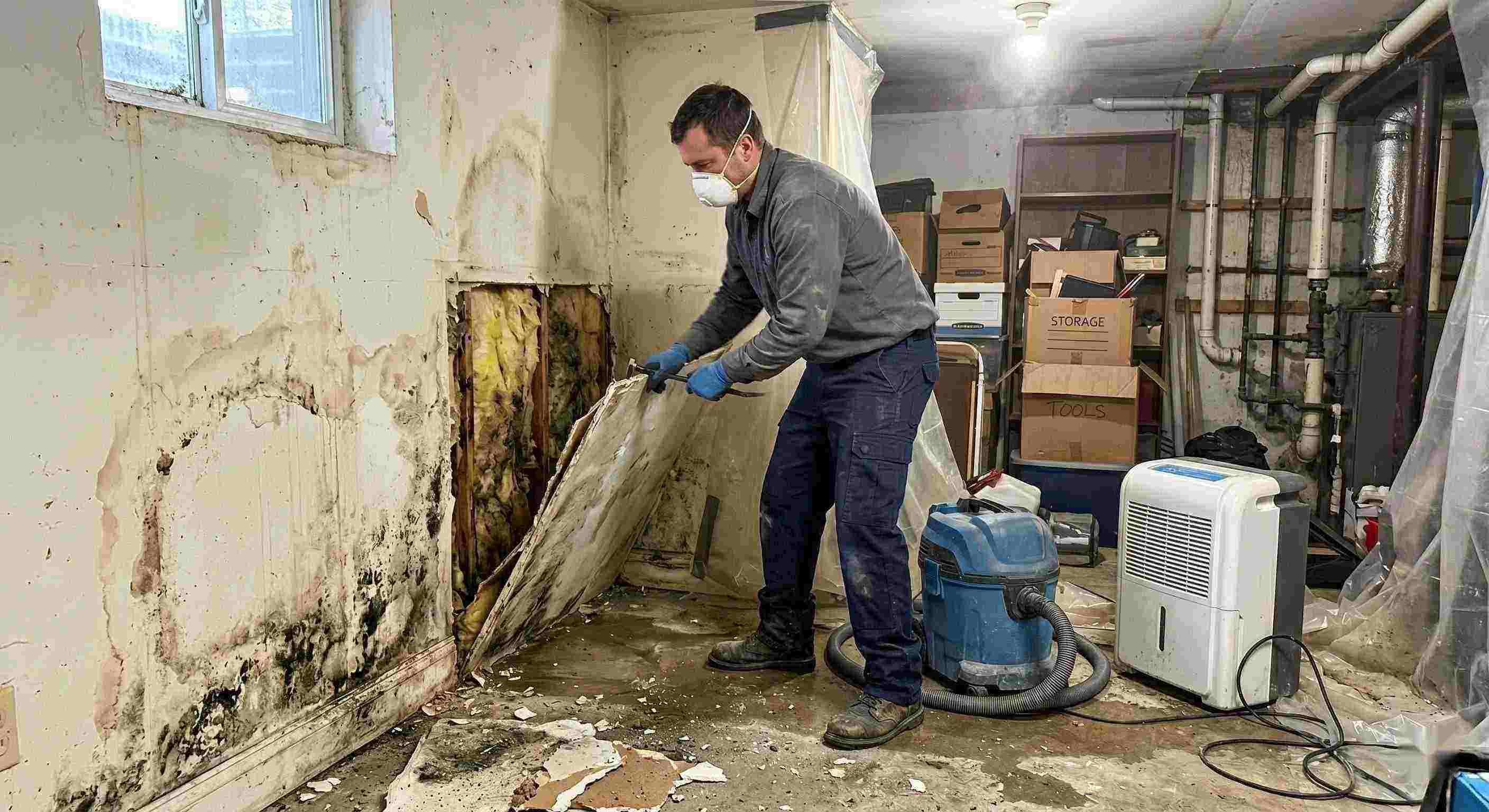 Action shot of a mold remediation technician removing damaged drywall and treating mold in a home basement in Salt Lake City, showing realistic textures, dust, and water damage.