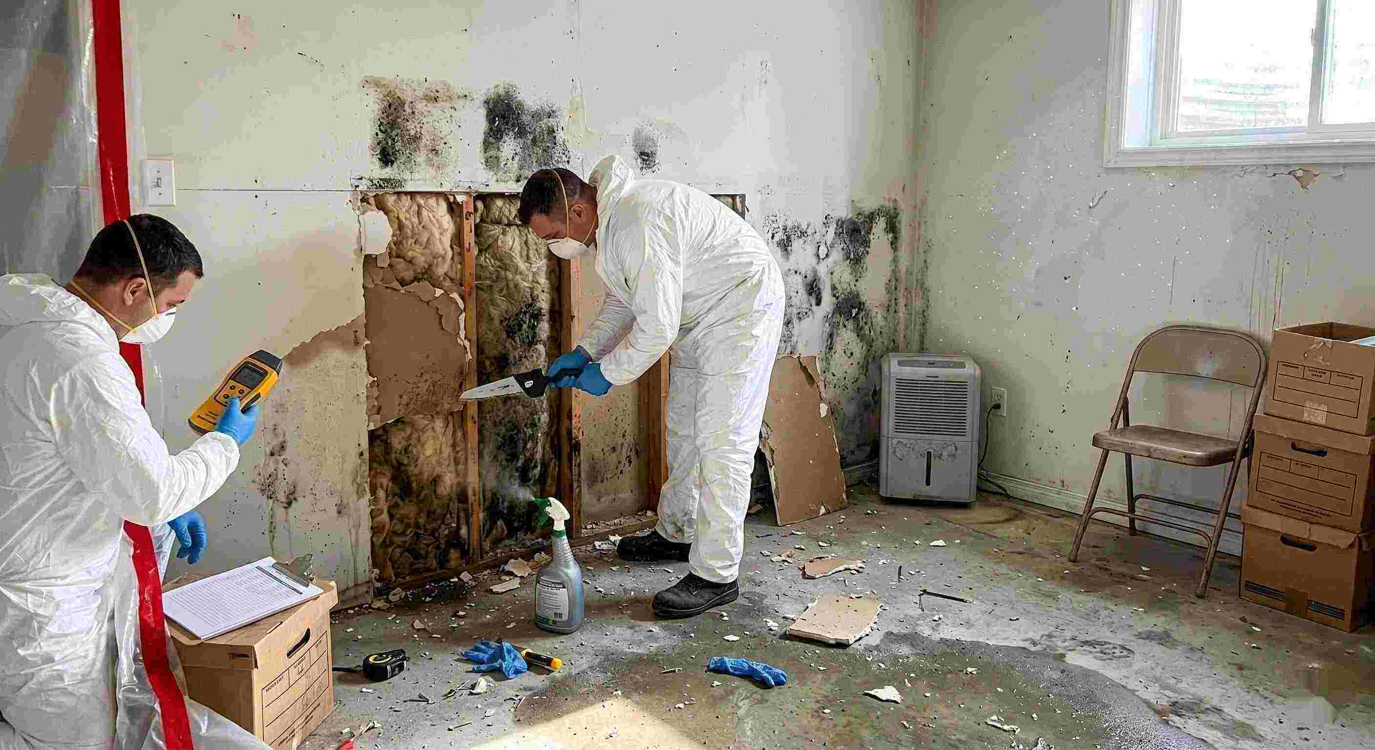 Professional mold removal service in a residential home, showing technicians removing black mold and moisture-damaged drywall in Salt Lake City.