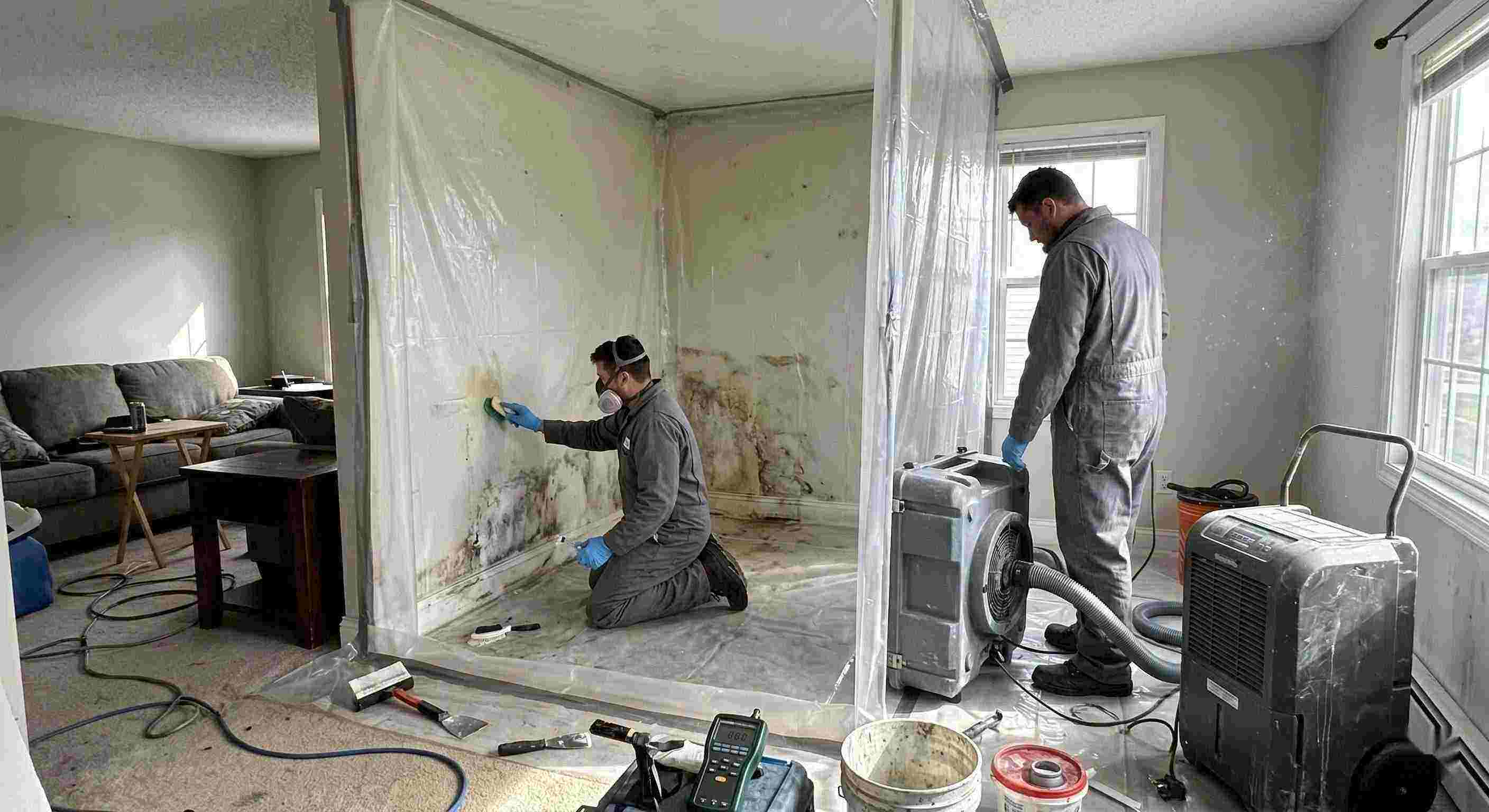 Technicians performing indoor mold removal in a residential home in Salt Lake City, isolating damp areas and using HEPA air scrubbers and dehumidifiers.
