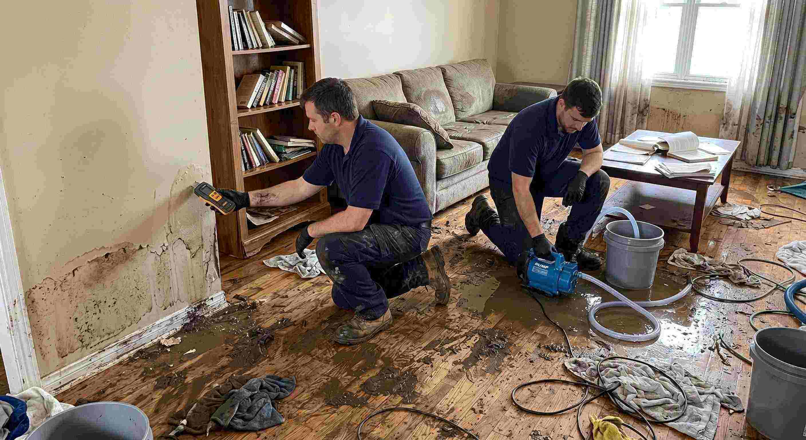 Realistic photo of a technician performing mud and debris removal after flooding in a home in Salt Lake City, showing soaked floors, water-damaged furniture, and scattered cleaning equipment.