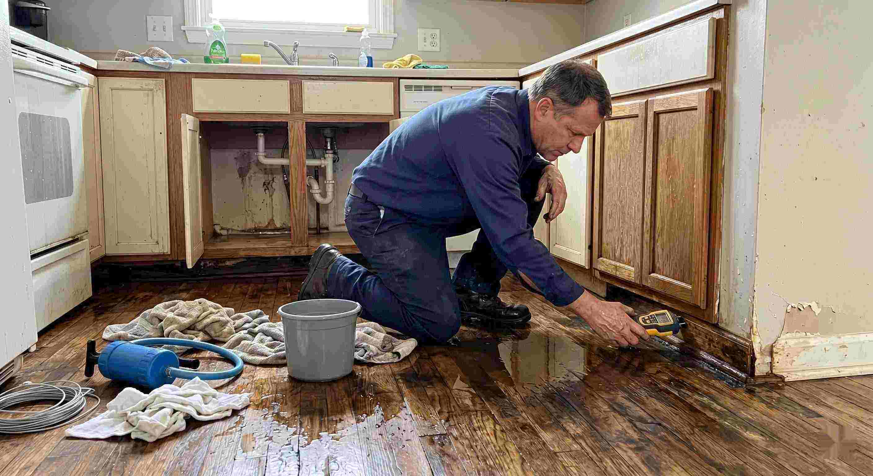 Technician performing pipe leak cleanup in a residential home in Salt Lake City, inspecting water-damaged flooring and cabinets.