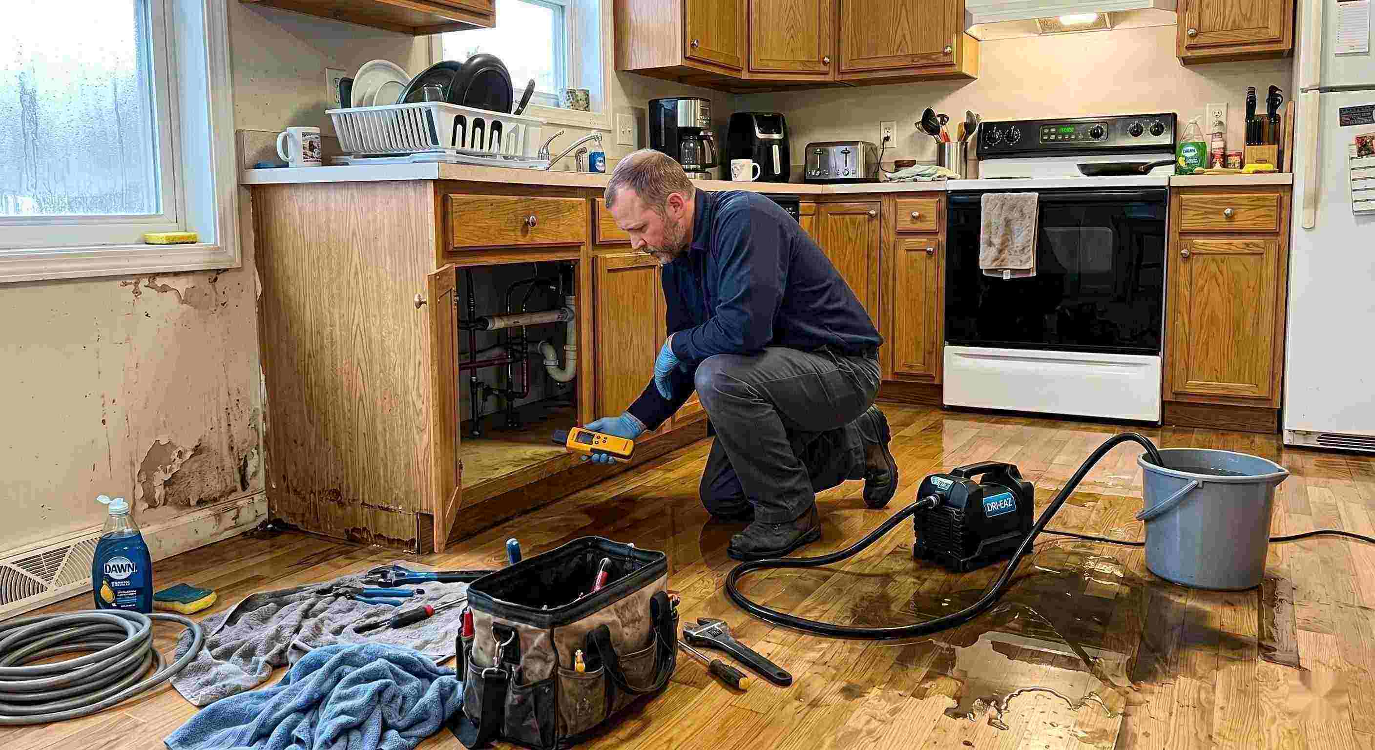 Pipe leak cleanup service in a residential kitchen showing water damage and a technician actively restoring the area in Salt Lake City.