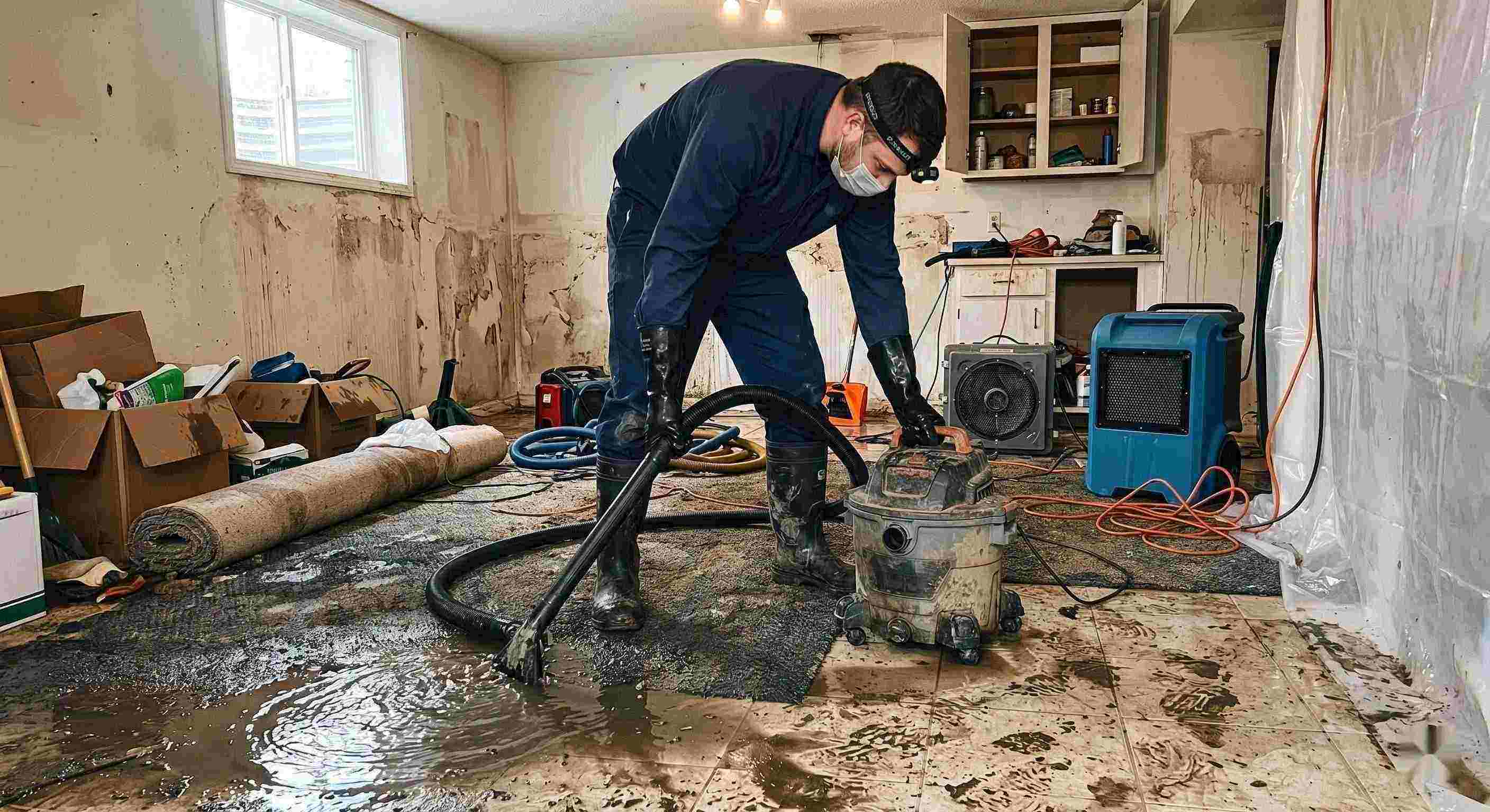 Action shot of a technician performing sewage backup cleanup in a residential home, showing water extraction and sanitation processes in Salt Lake City.