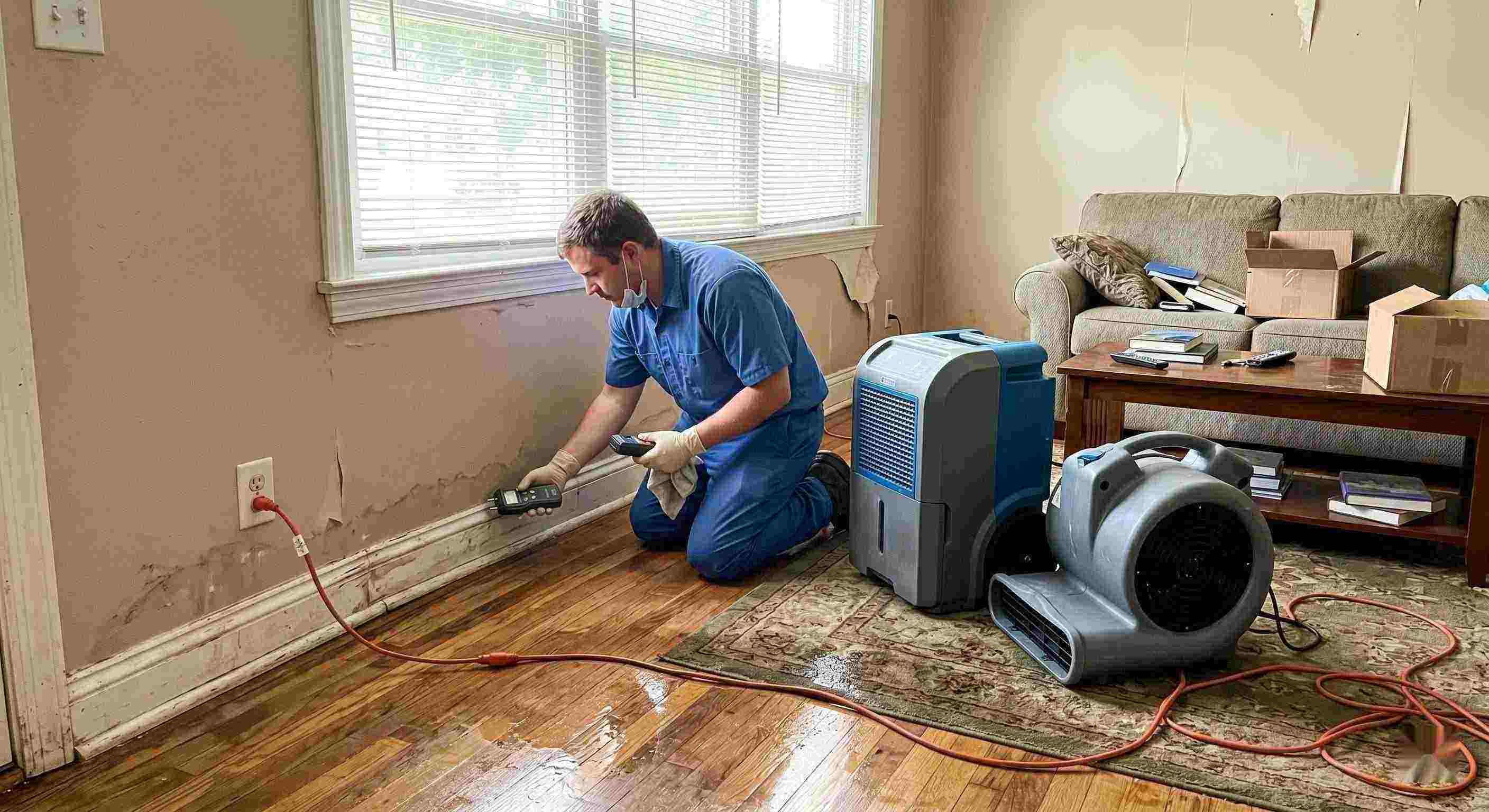 Technician performing rainwater intrusion cleanup in a flooded home in Salt Lake City, showing wet floors, damp walls, and dehumidifiers in use.