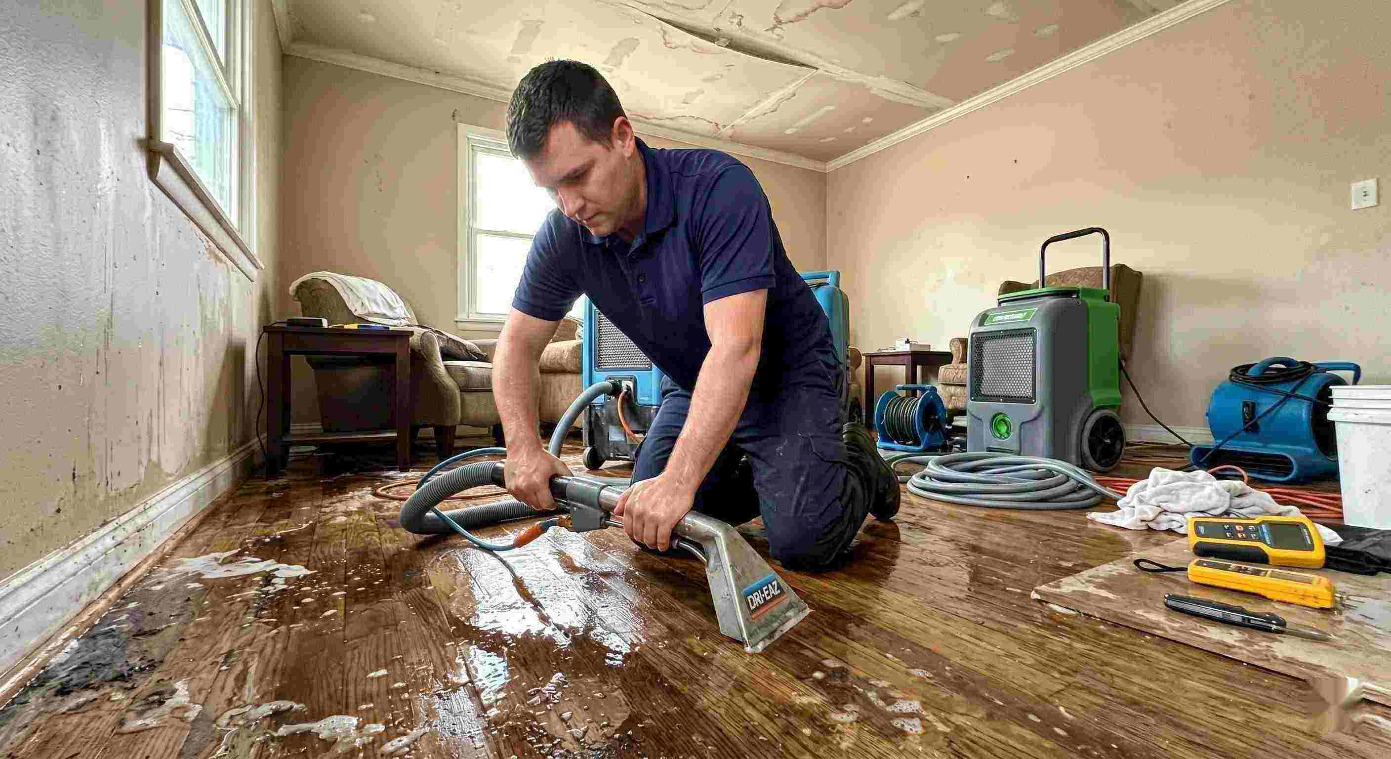 Action shot of a leak damage restoration technician performing water extraction and drying in a home in Salt Lake City, showing realistic water damage and cleanup process.