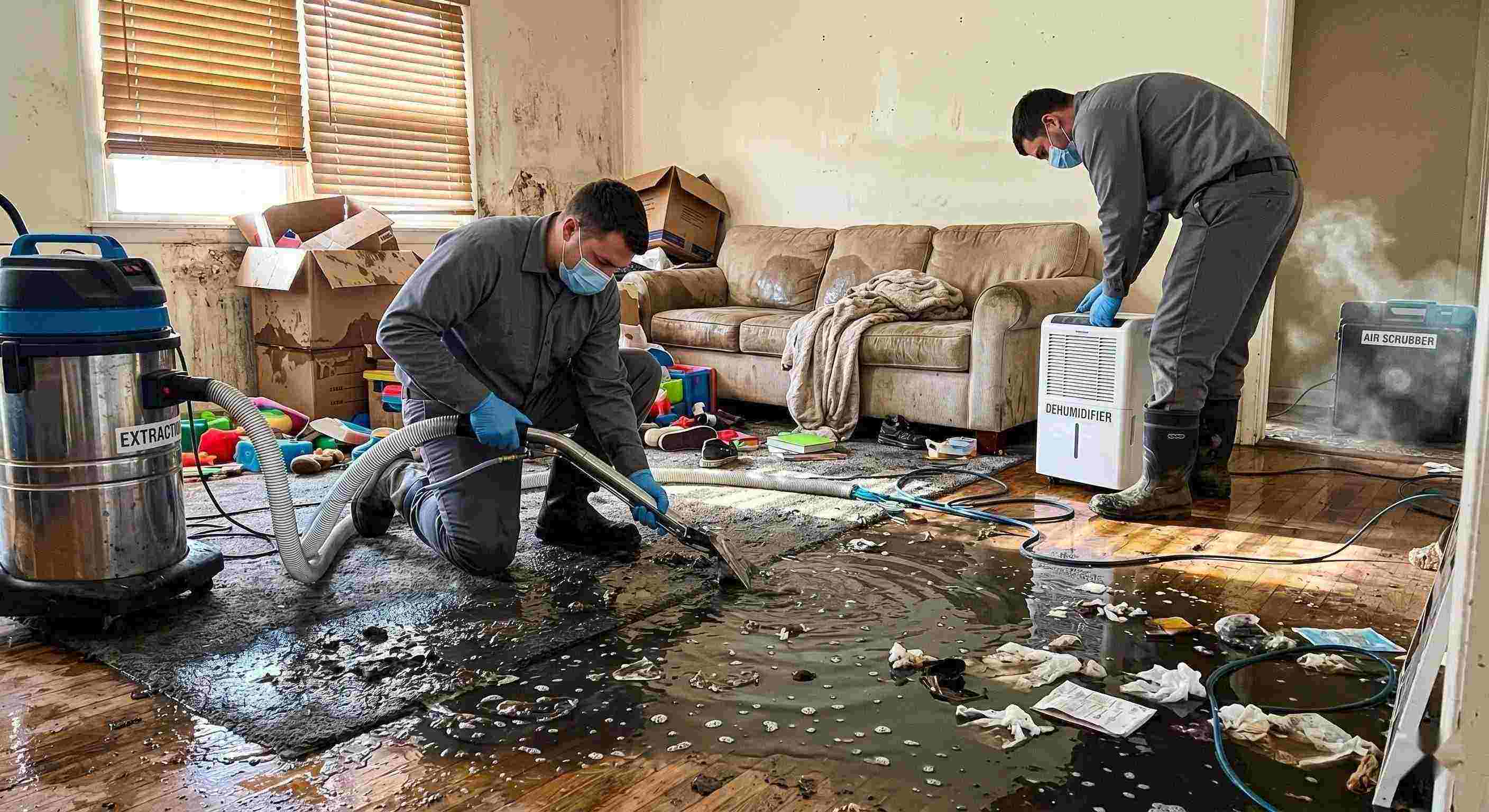 Realistic image of a residential sewage backup cleanup in progress, with technicians removing contaminated water and using drying equipment in a home in Salt Lake City.
