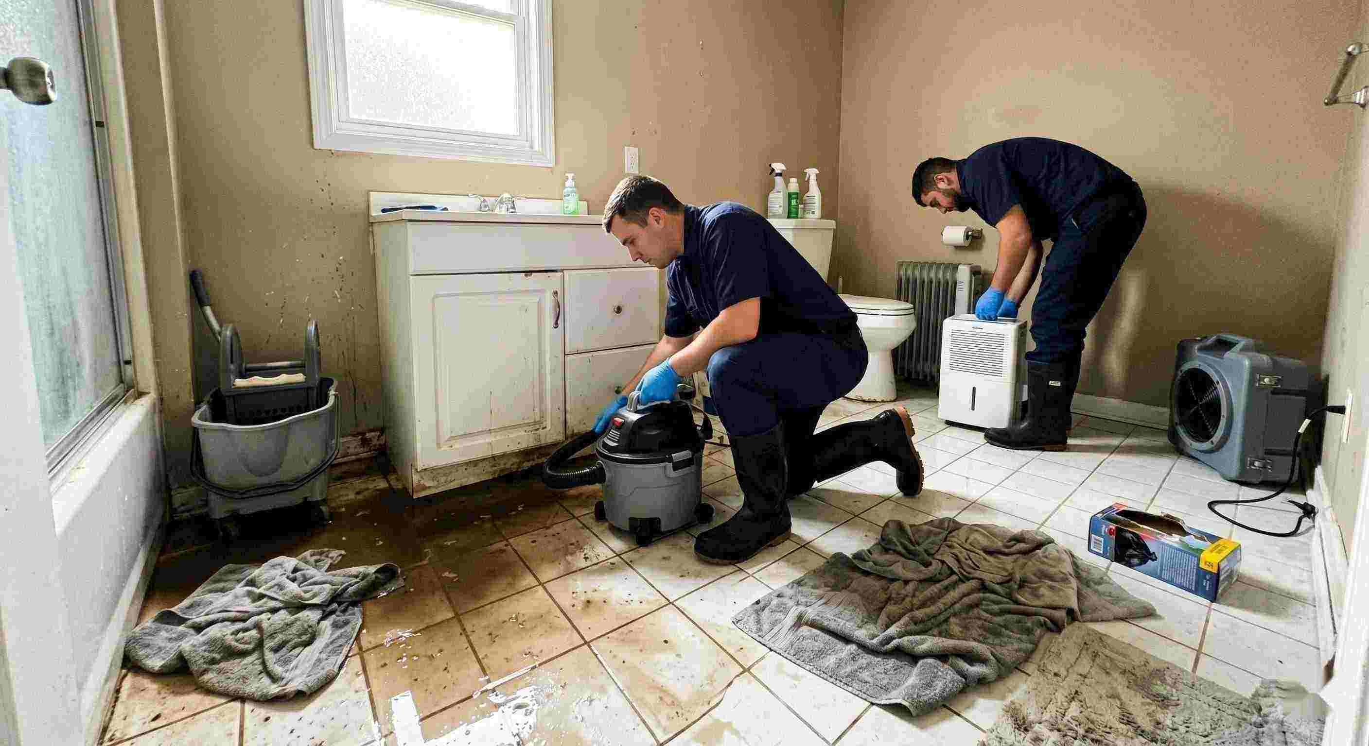 Realistic sewage backup cleanup in a home bathroom, technician extracting contaminated water during emergency sewage cleanup in Salt Lake City
