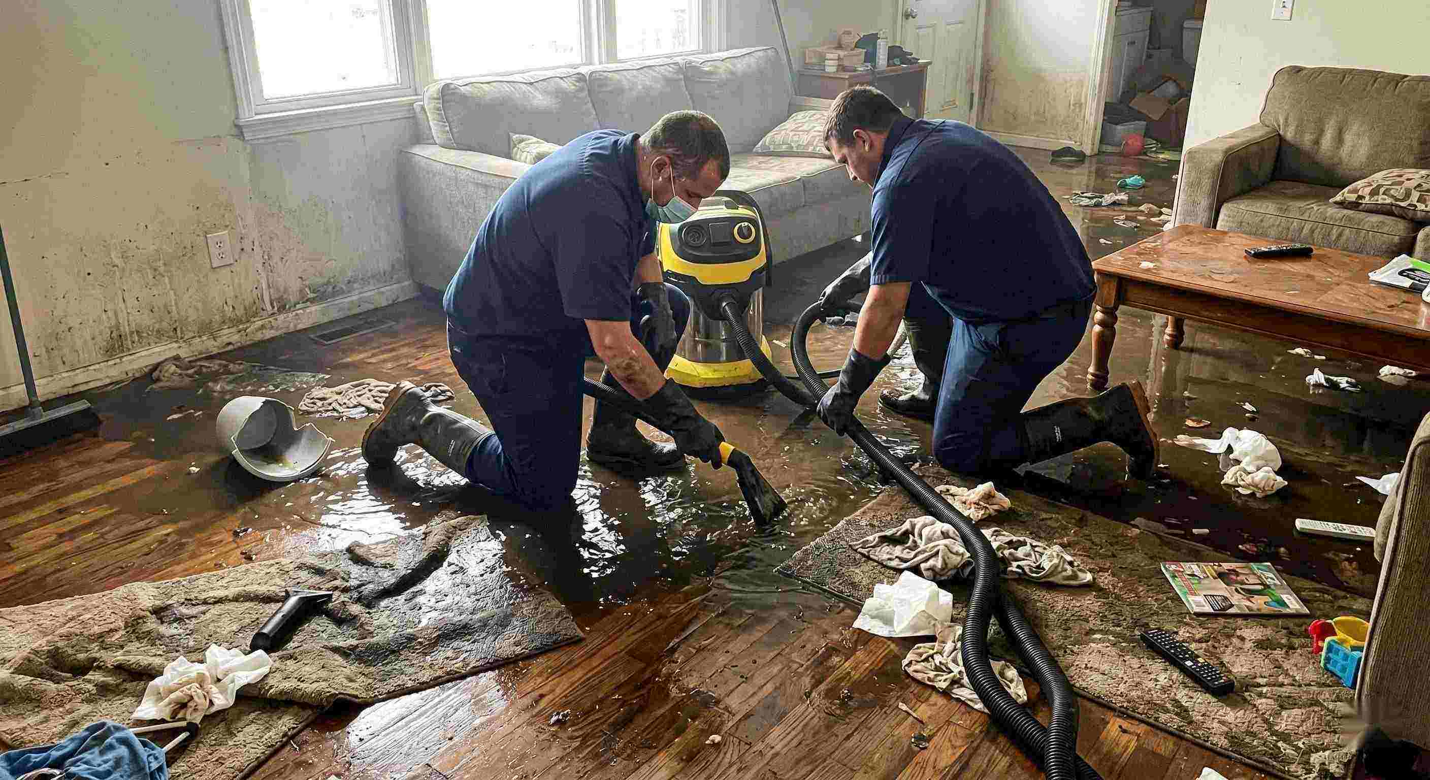 Realistic scene of sewage backup cleanup in a home showing technicians removing contaminated water in Salt Lake City.