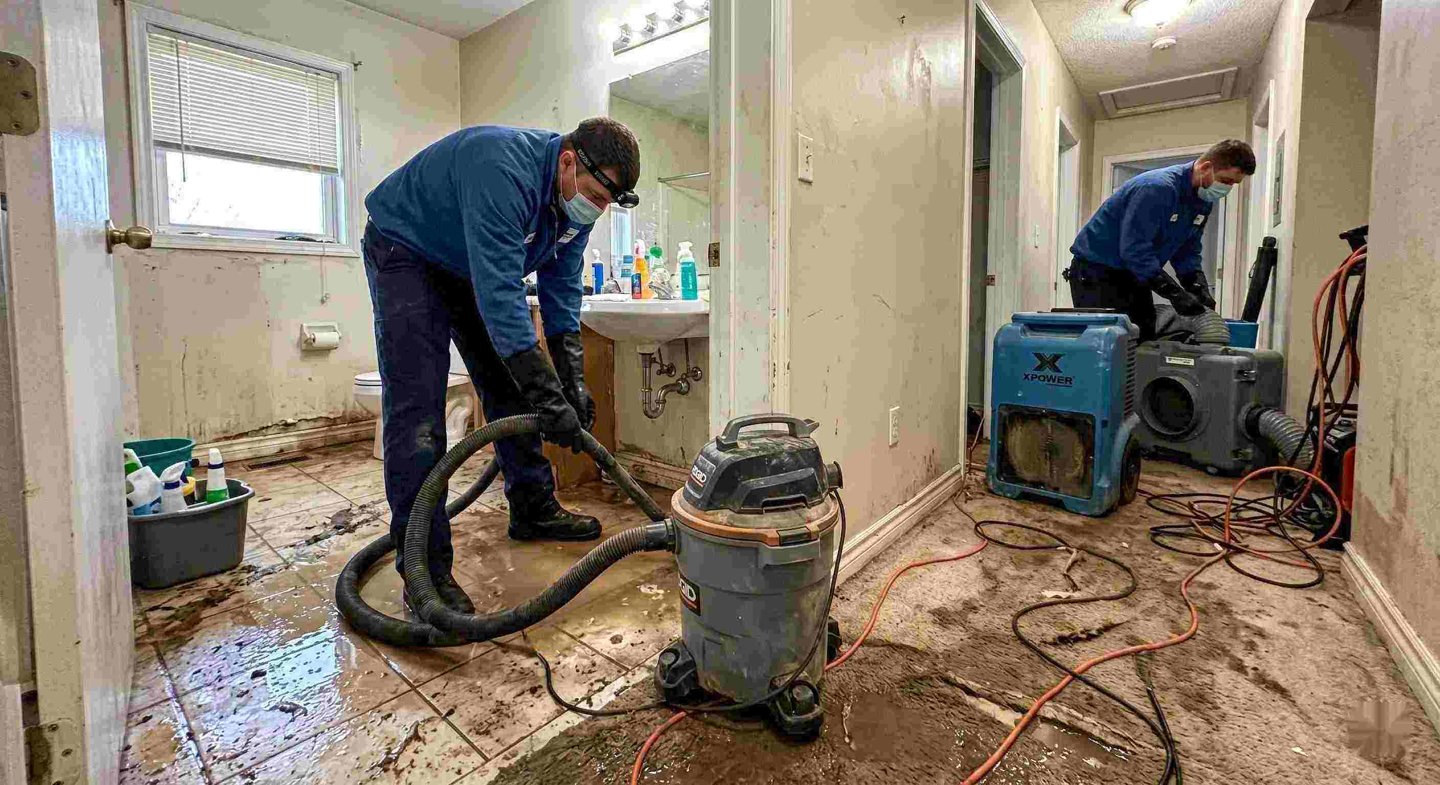 Sewage backup cleanup in a home with technicians removing contaminated water and drying surfaces in Salt Lake City