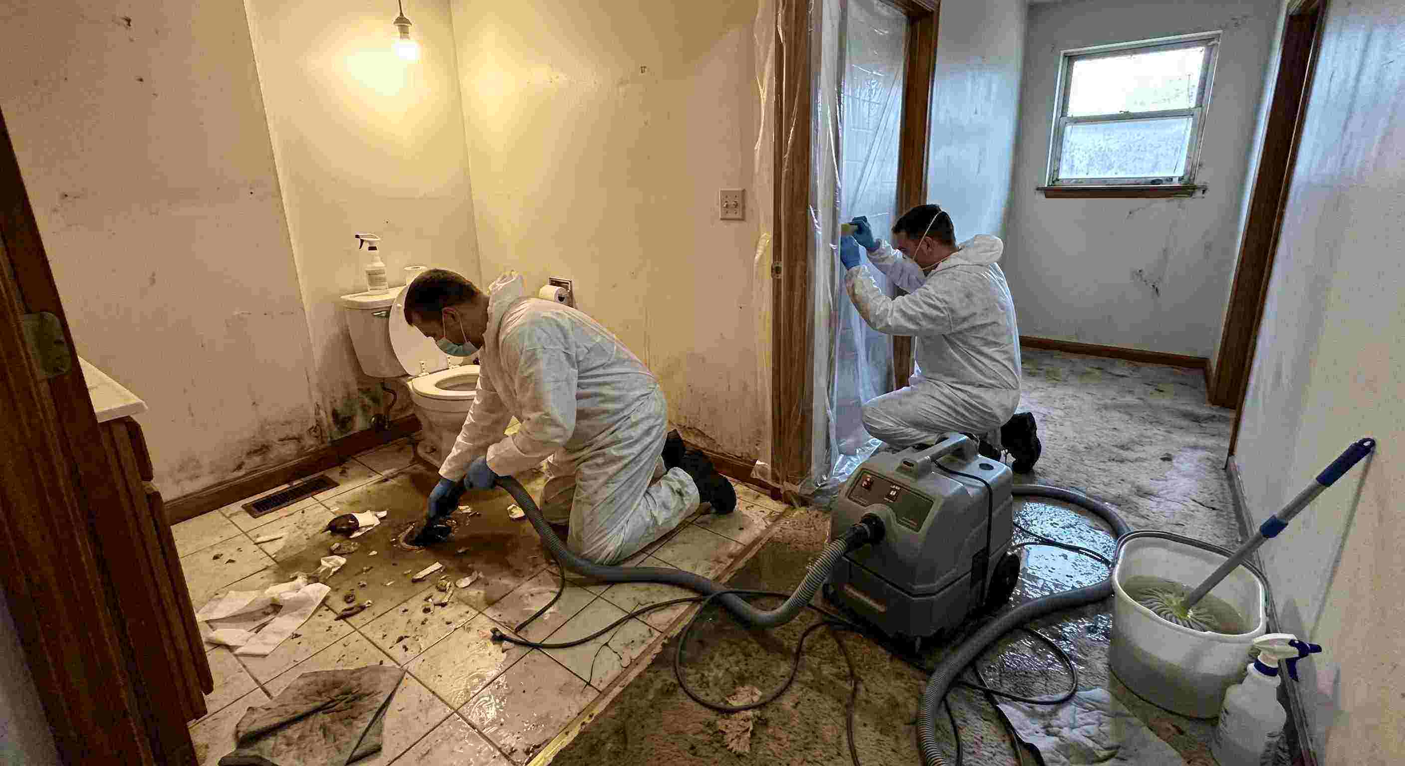 Expert sewage backup cleanup technicians removing contaminated water inside home in Layton