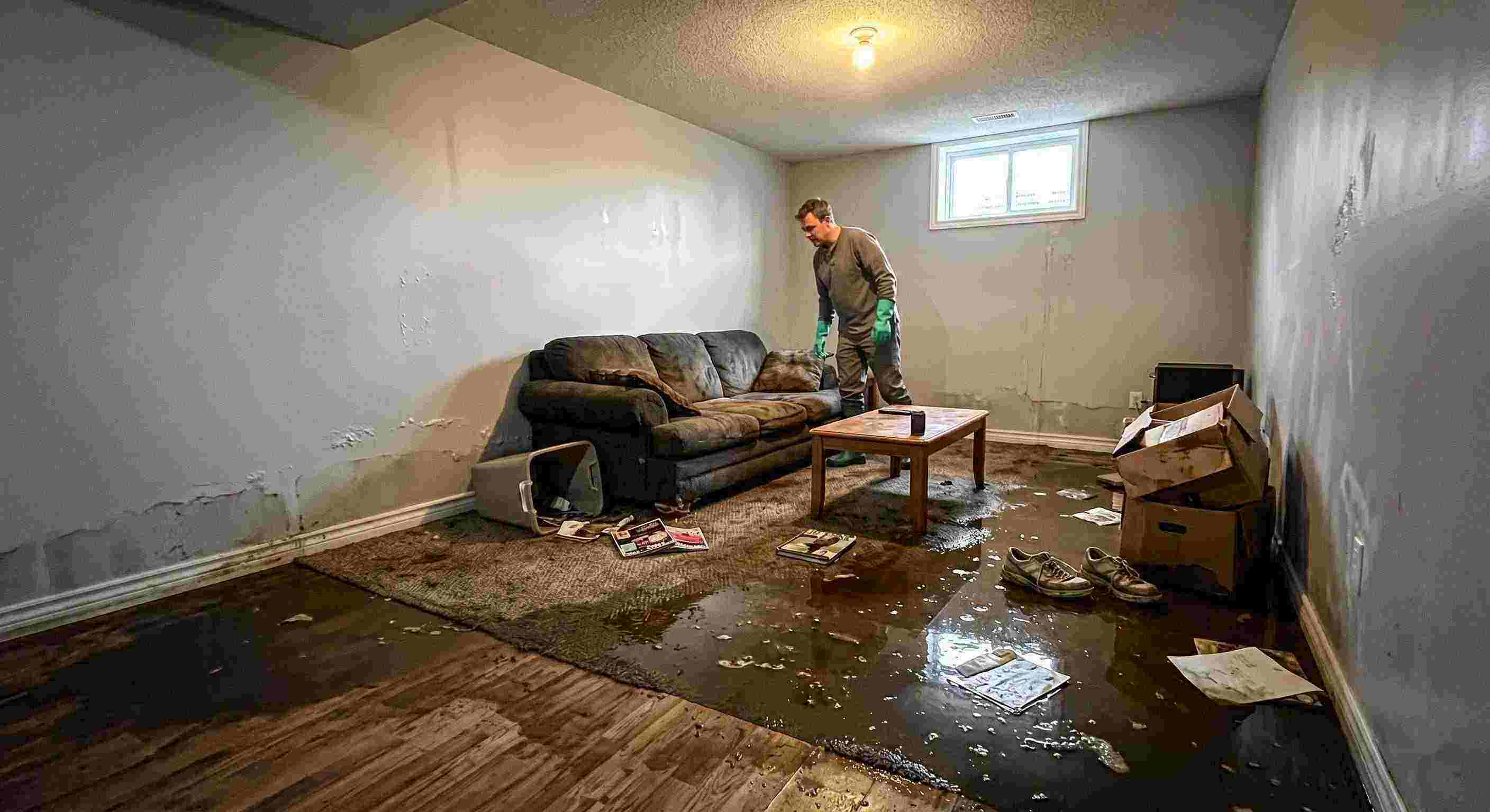 severe sewage backup damage spreading across basement floors and walls in Salt Lake City home