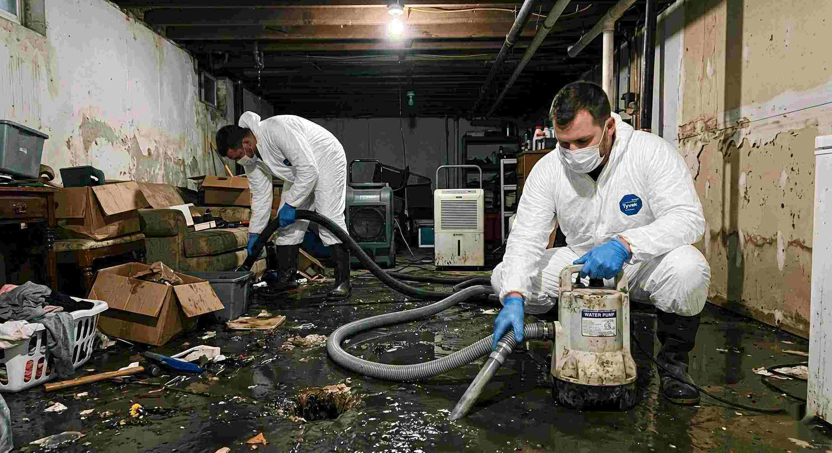 sewer backup cleanup technicians removing contaminated water from flooded basement in Salt Lake City