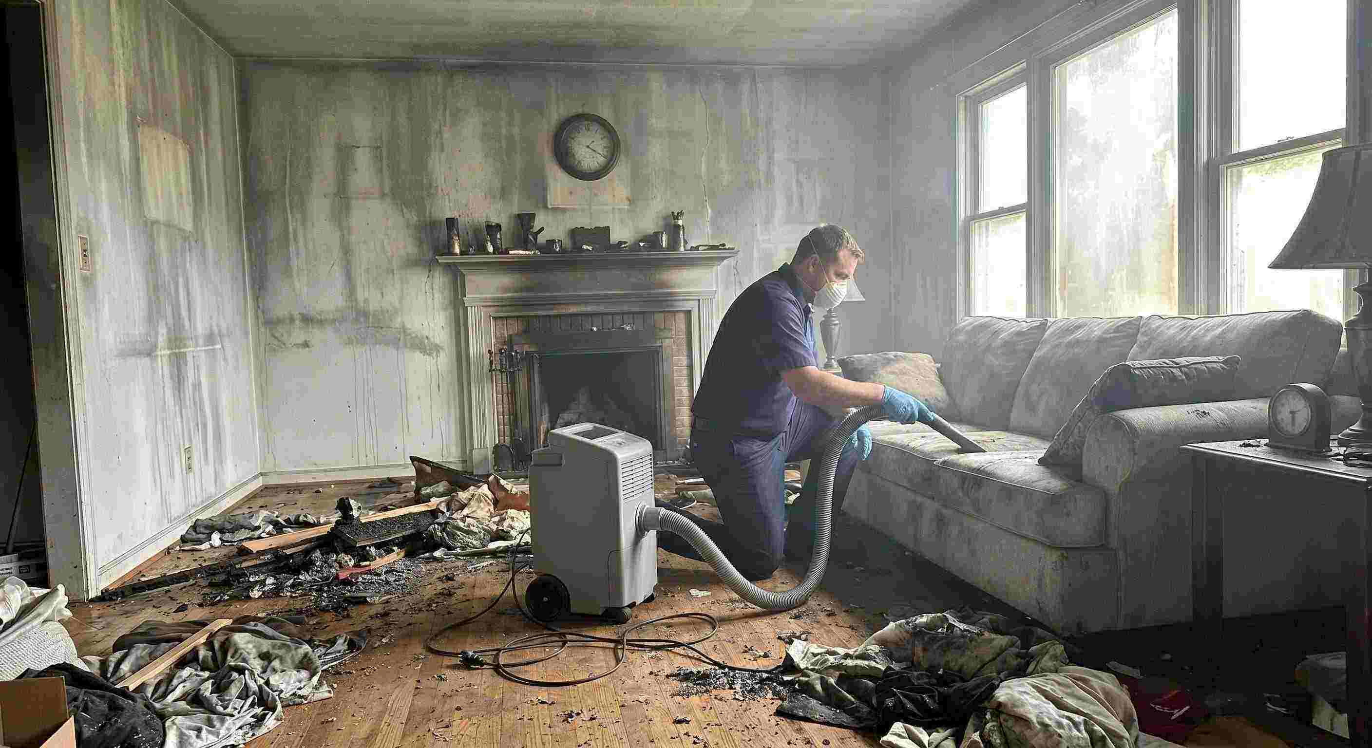 Realistic post-fire smoke damage removal in a home with soot-covered walls and debris being cleaned by a technician in Salt Lake City.