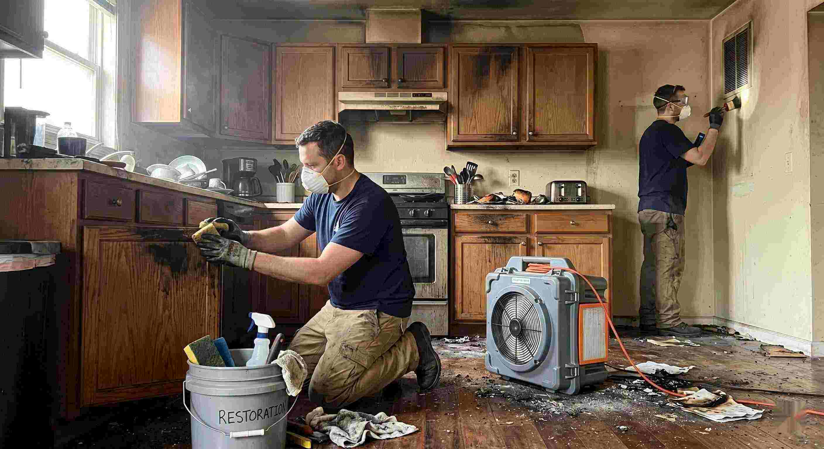 Technicians performing smoke damage removal in a home in Salt Lake City after a kitchen fire, cleaning soot and restoring indoor air quality.