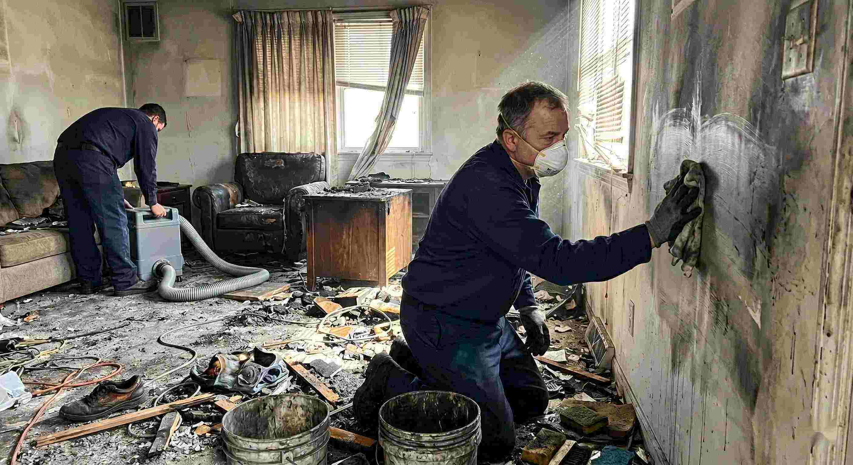 Technician performing soot removal in a fire-damaged home in Salt Lake City, carefully cleaning walls and surfaces covered in smoke residue and ash